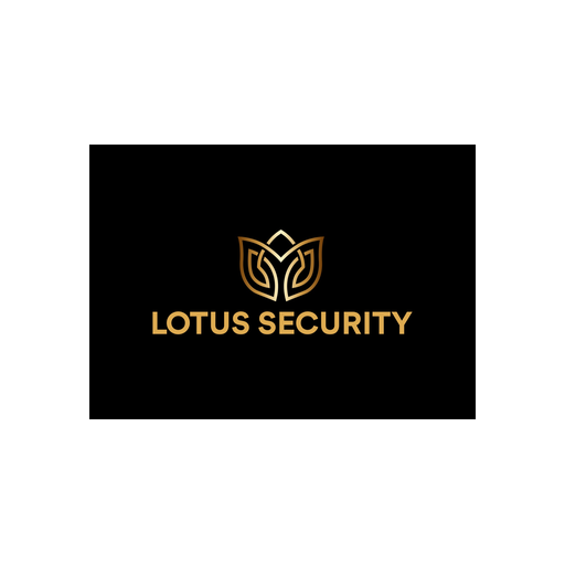 Lotus Security logo met gouden lotusblad en tekst op zwarte achtergrond