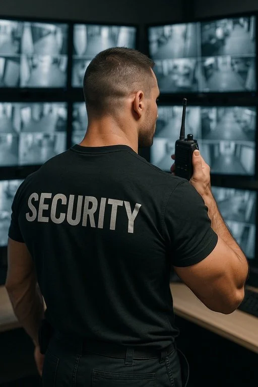 Beveiligingsmedewerker in zwart T-shirt met 'SECURITY' op de achterkant, houdt een portofoon en kijkt naar monitoren met beveiligingscamera's.