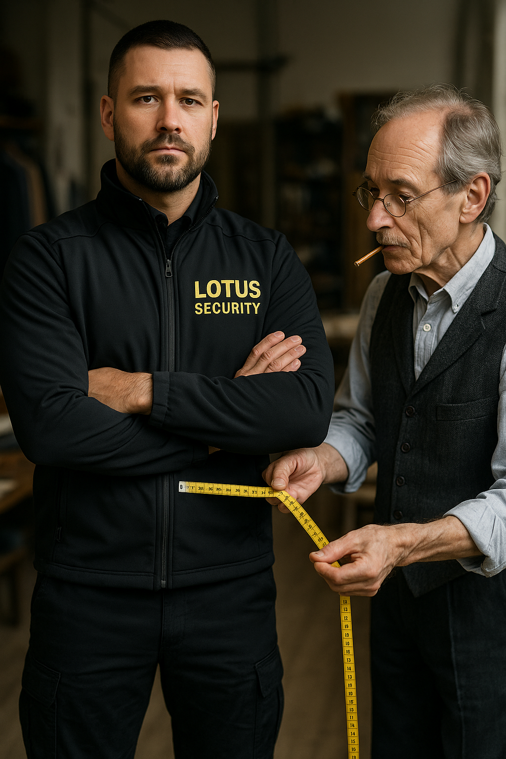 Twee mannen in een kamer, een draagt een jas met 'Lotus Security' en de ander meet zijn taille met een meetlint.