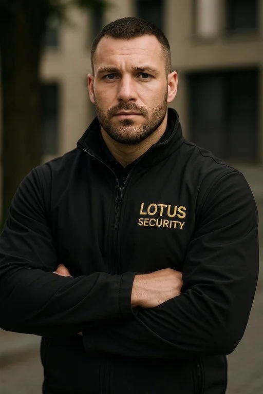 Man met korte haar en baard, gekleed in een zwarte jas met 'LOTUS SECURITY' op de borst, staat met gekruiste armen voor een gebouw.