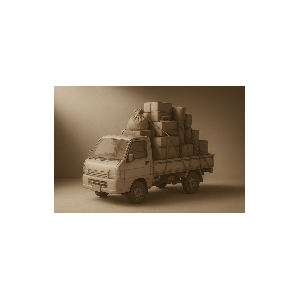 荷物を積んだ小型トラックの模型。荷台には箱や袋が積まれている。