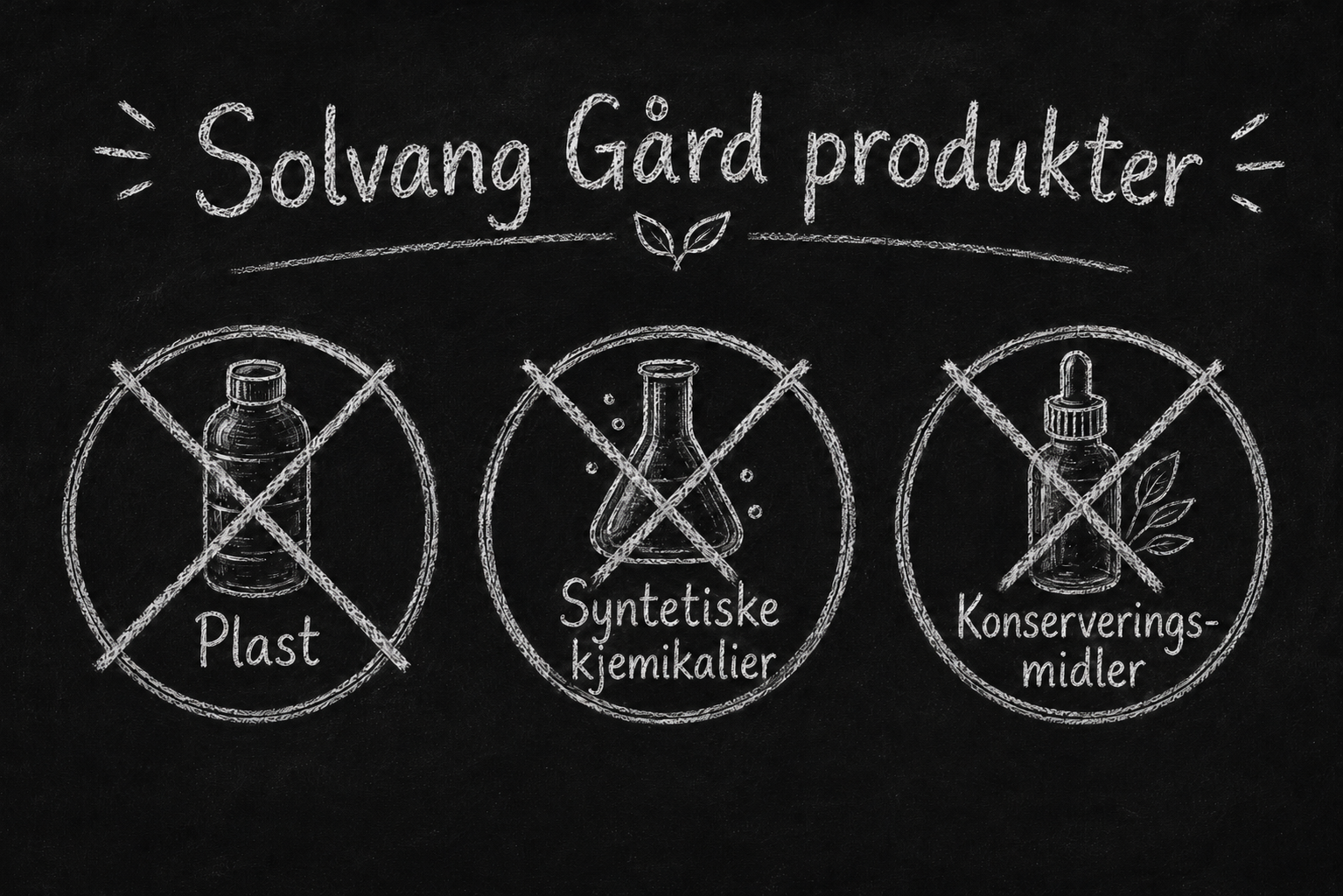 Illustrasjon av Solvang Gårds tre produktløfter: ingen plast, ingen syntetiske kjemikalier og ingen konserveringsmidler.