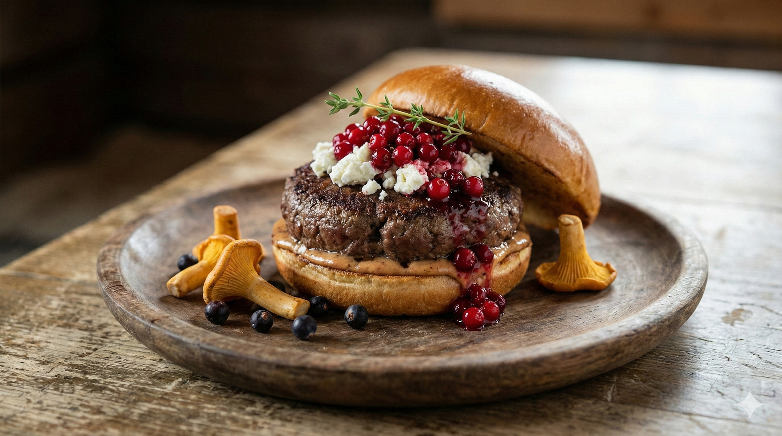 Nordic moose burger with goat cheese and lingonberry jam | Solvang Gård