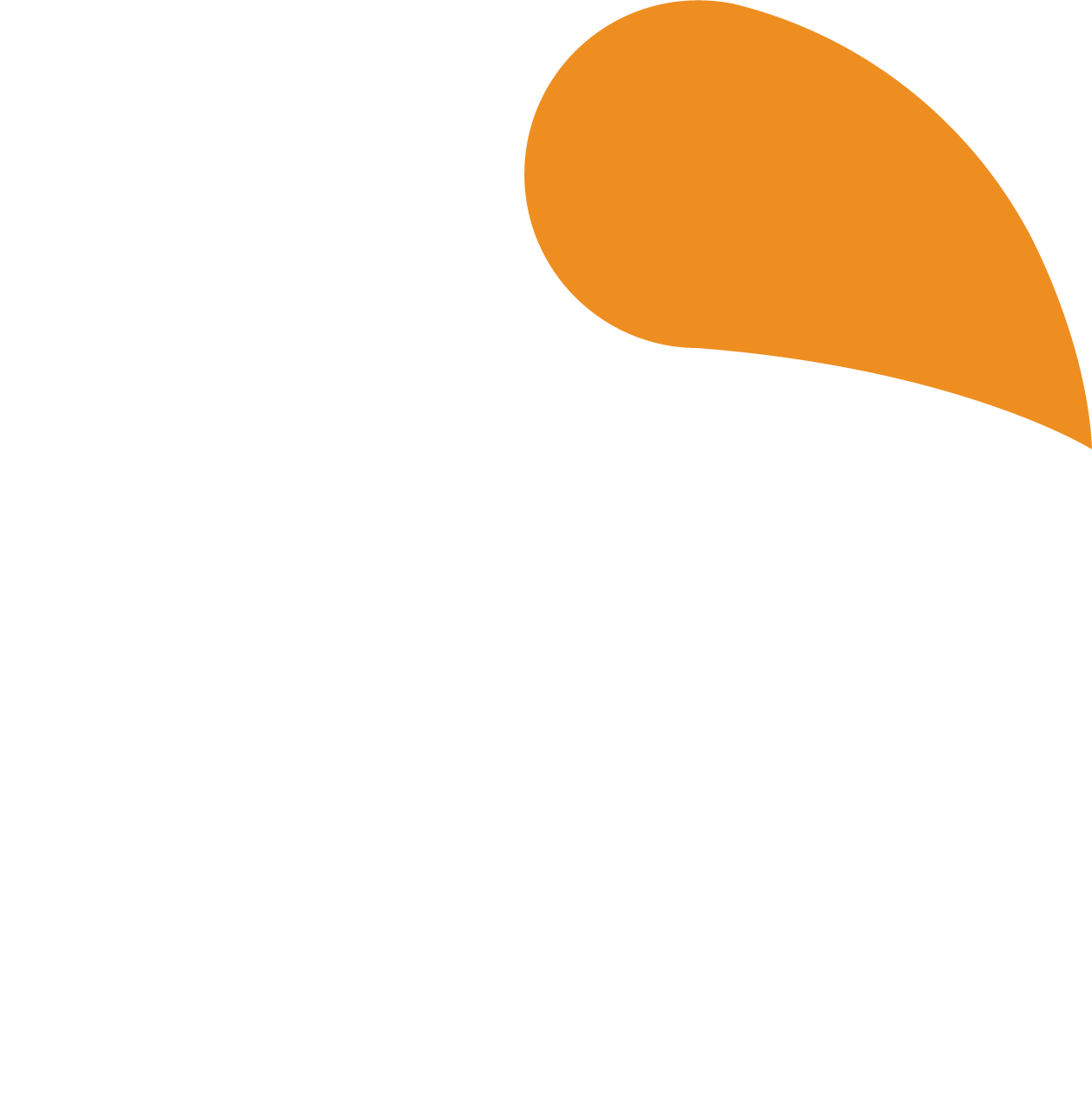 Abstract logo design with black background, white and orange curved shapes resembling petals or leaves.