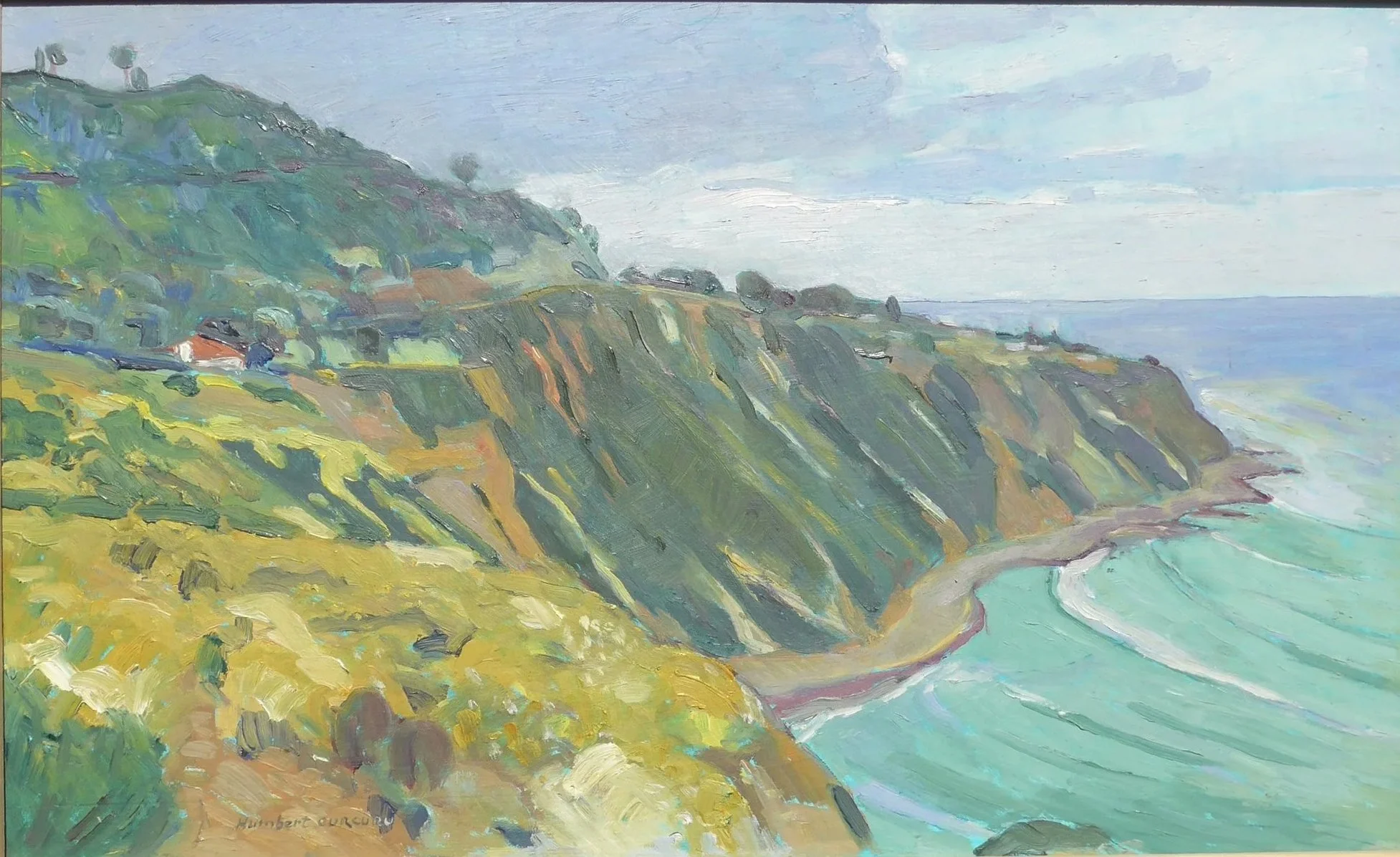 A colorful Impressionist-style painting of green and brown cliffs along a shoreline with a sandy beach and blue ocean, with a cloudy sky above.