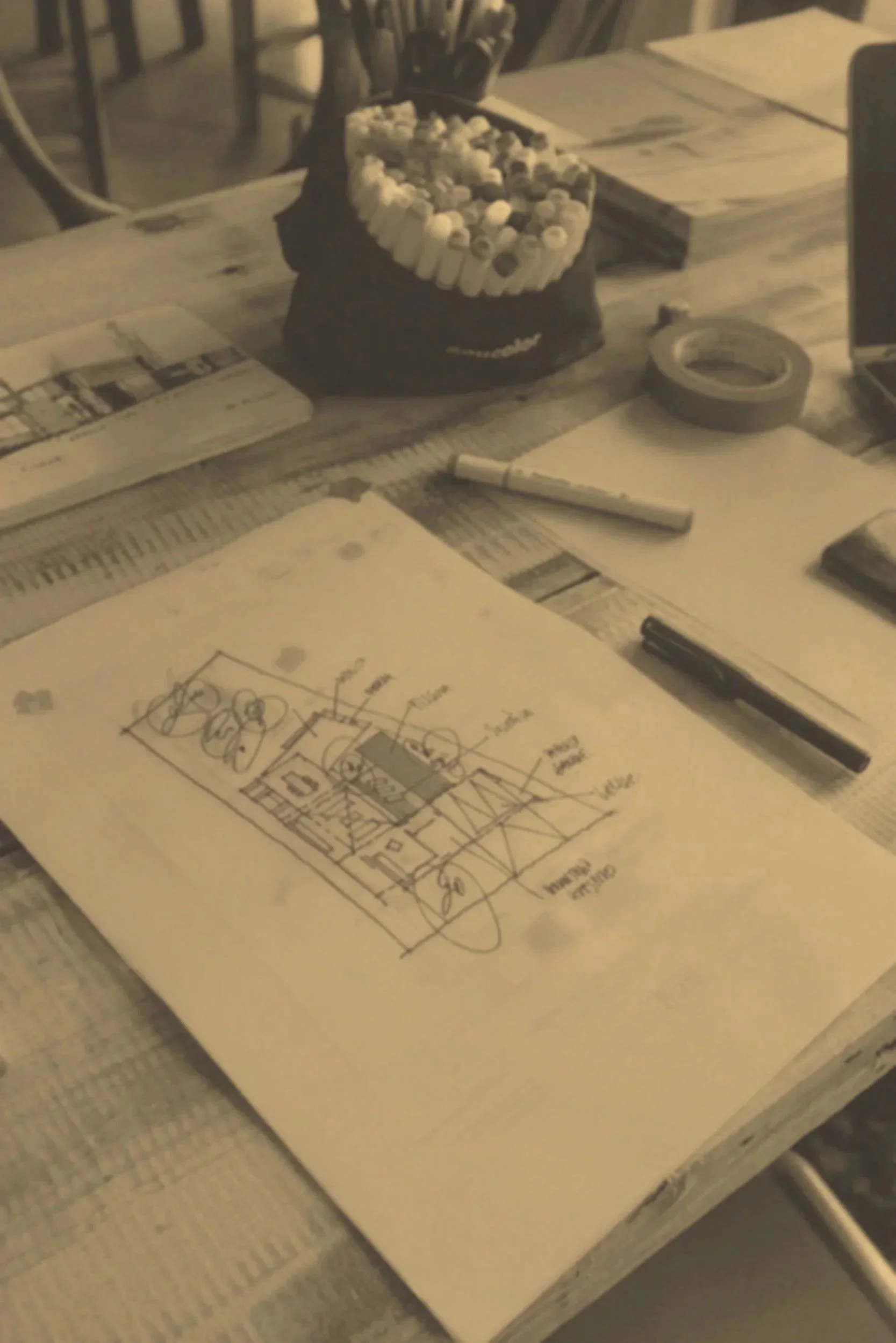 Skizze eines Hauses mit annotations, auf einem Tisch mit Schreibwaren, Notizbüchern, Klebeband, Marker, Pinnwand und einem Beutel mit bunten Filzstiften.