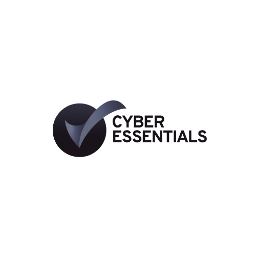 Cyber Essentials logo with a dark checkmark inside a black circle and the words 'CYBER ESSENTIALS' in purple.