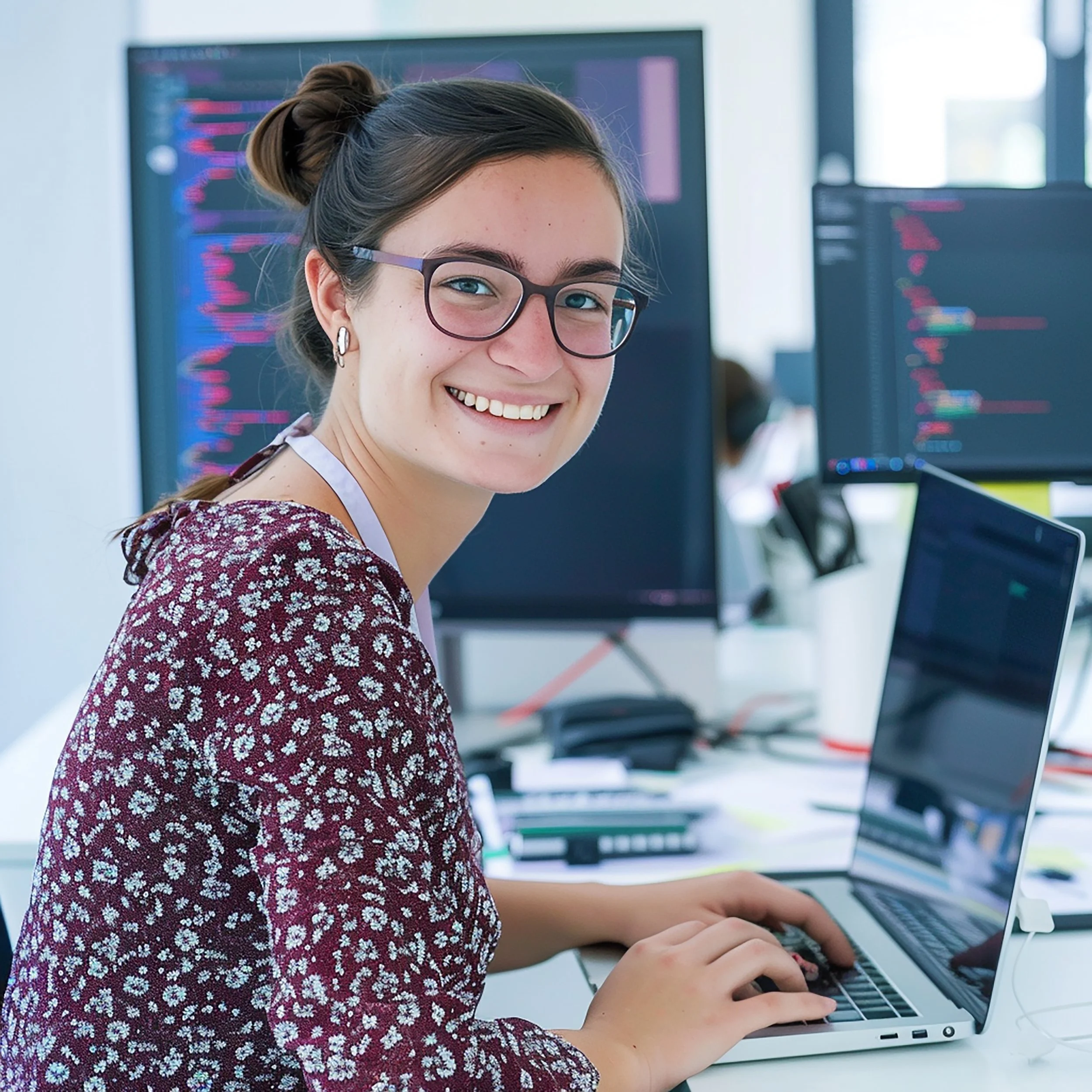 A smiling young woman with glasses working on a laptop at a computer desk, with multiple screens displaying code in the background.
