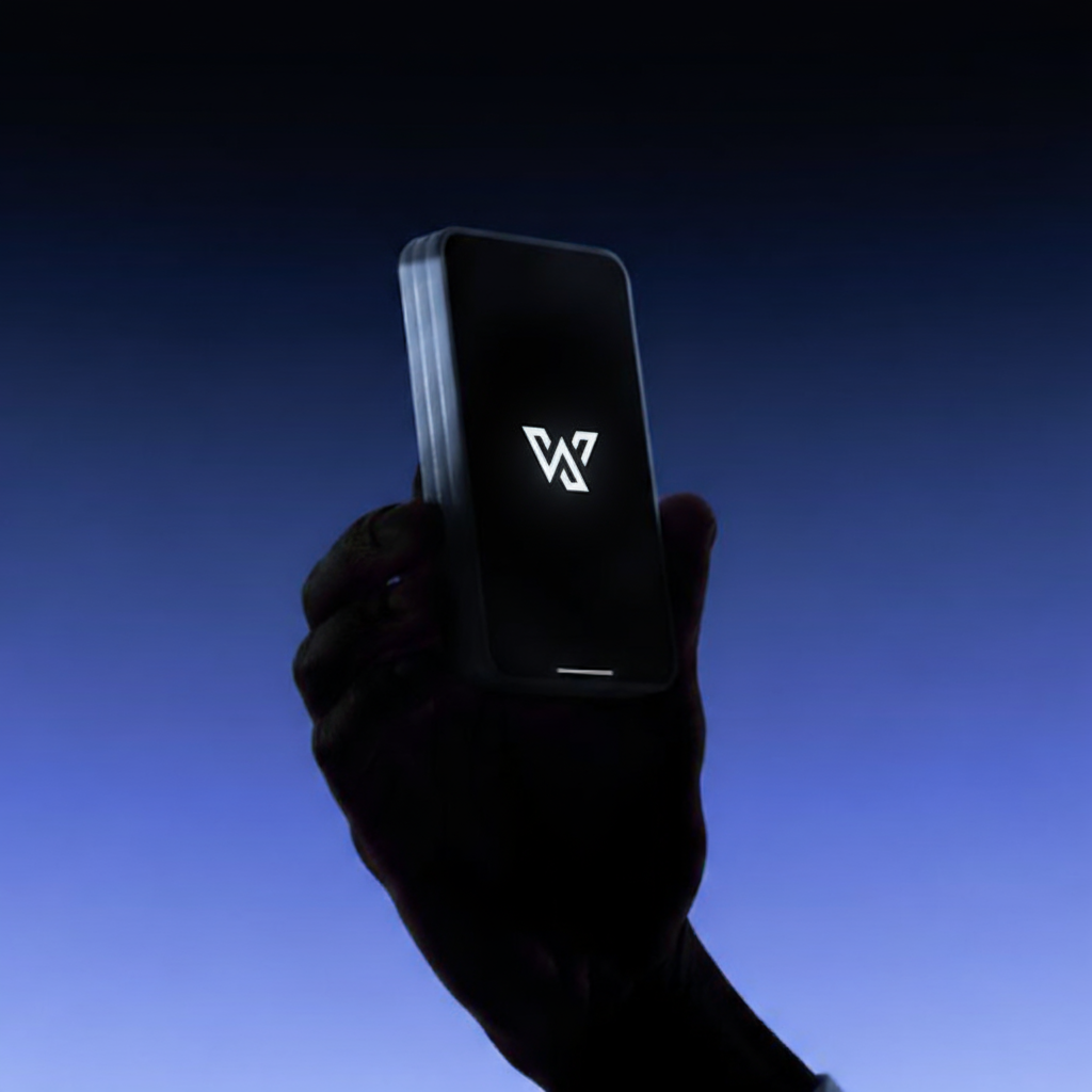A hand holding a smartphone displaying a stylized logo on a black screen against a dark blue background.