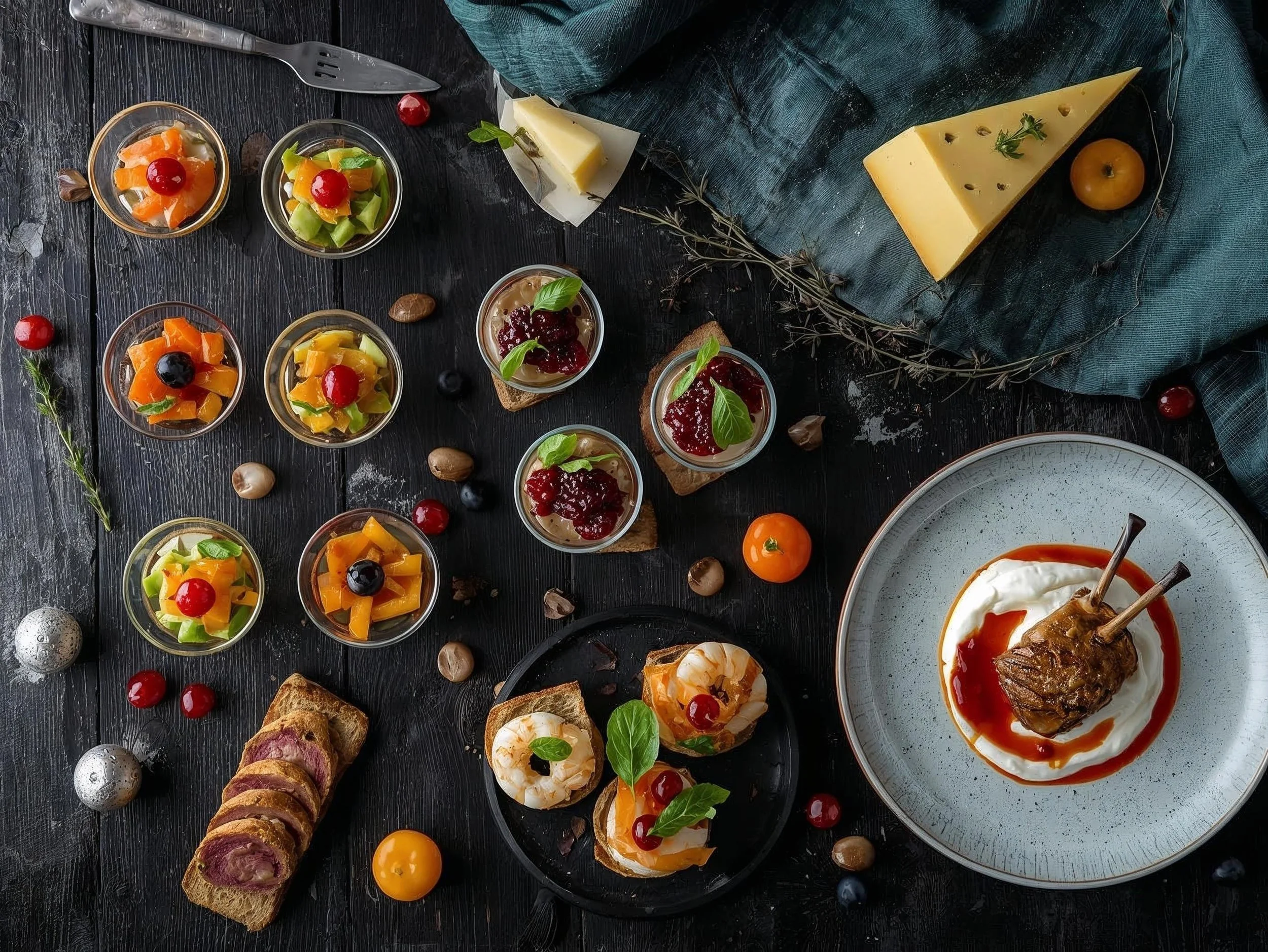 Une table sombre avec divers amuse-bouches, fromages, verrines de fruits et une pièce de viande avec des légumes, décorée de petits fruits, herbes et éléments de décoration.