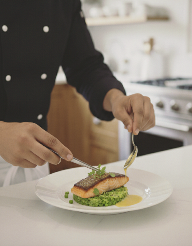 Chef en noir décorant un plat de poisson avec des pois verts et sauce dans une cuisine