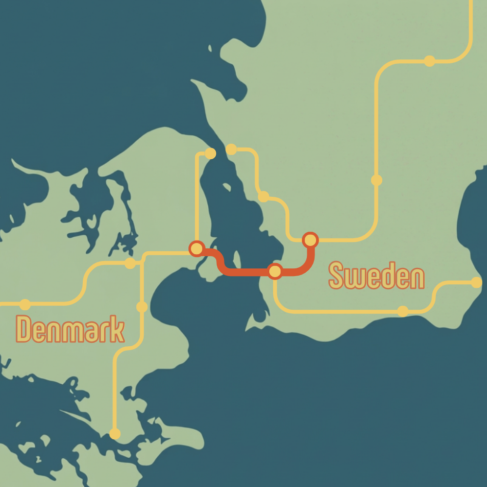 Map of Denmark and Sweden showing a train route connecting the two countries, with the route highlighted in red and yellow lines.
