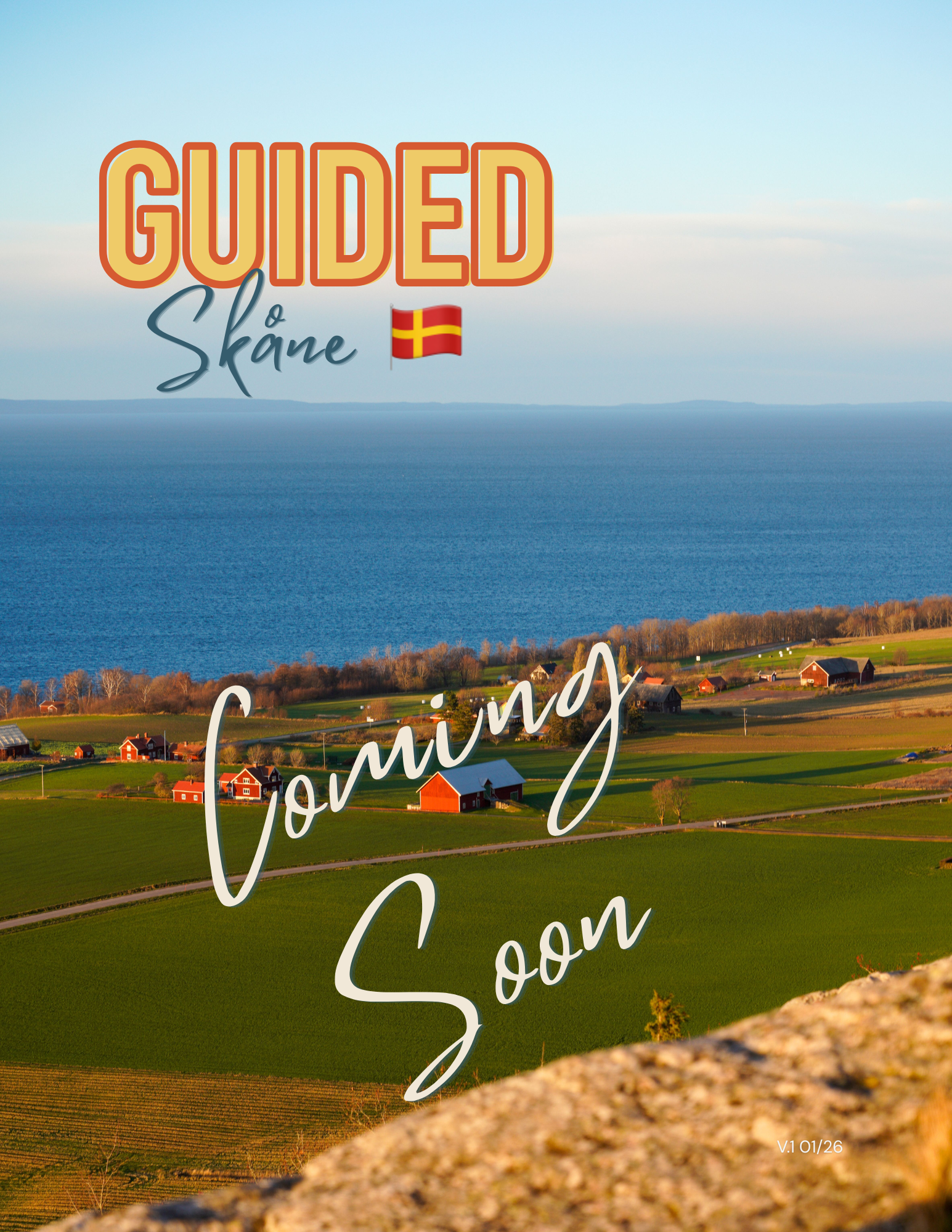 Scenic view of a peaceful rural landscape with green fields, houses, and a lake in the background under a clear sky, with a large rock in the foreground and overlaying text that reads "Guided Skåne" with a small Swedish flag icon.