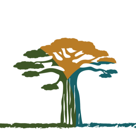 Stylized illustration of a tree with a green tree trunk, olive green leaves, and a multicolored canopy including brown, dark green, and blue elements.
