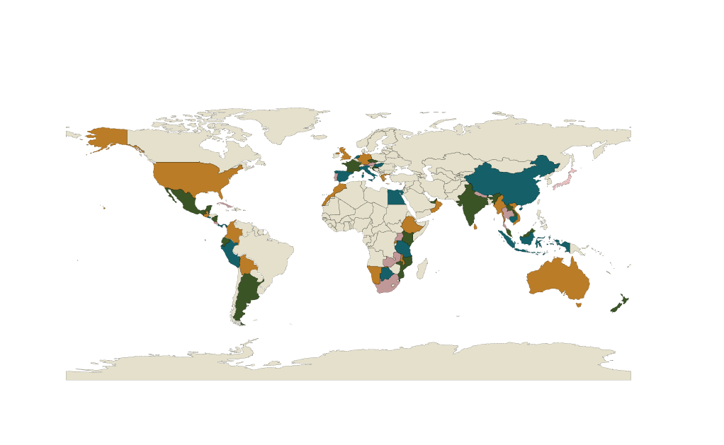 Map of the world showing countries with different colors indicating various data.