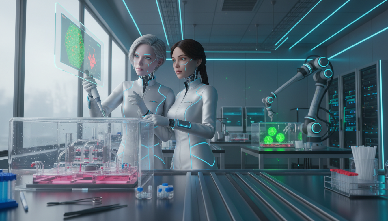 Two female scientists in futuristic lab coats working with a robotic arm and green cells in a high-tech laboratory.