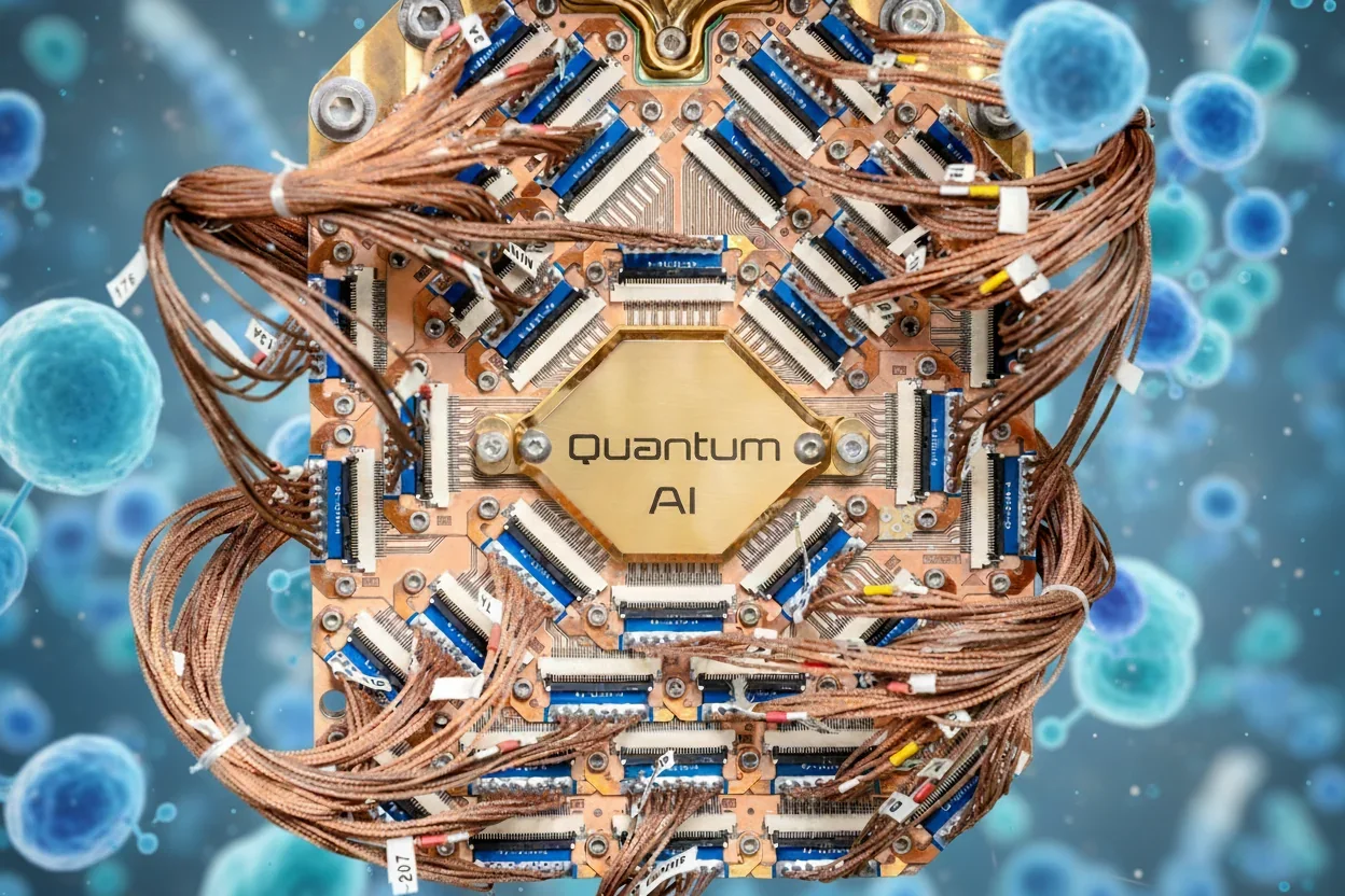 A close-up image of a circuit board with many copper wires, electronic components, and a central label that reads 'Quantum AI,' set against a background of blue cells or bacteria.