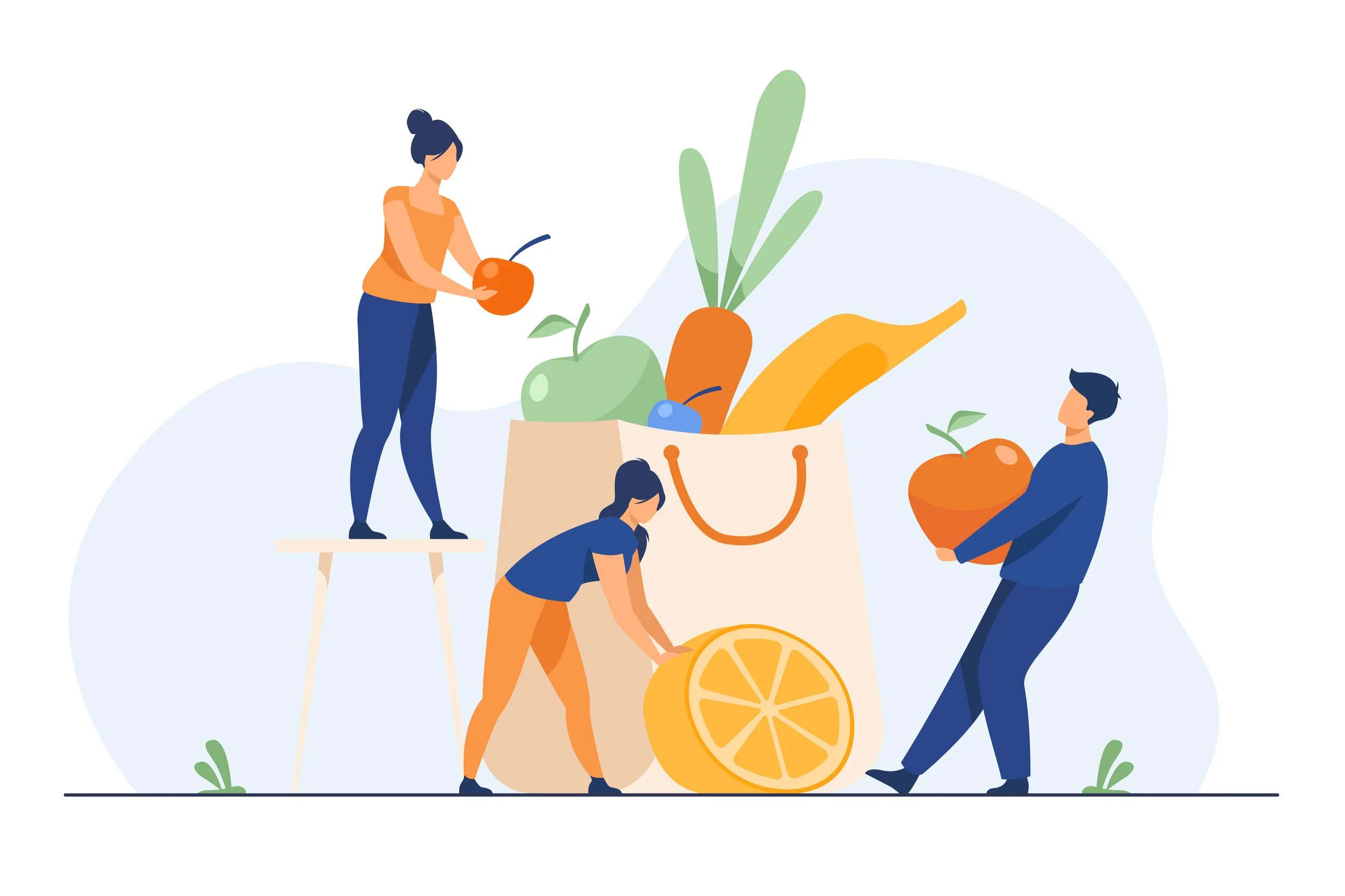 Illustration de trois personnes préparant des fruits et légumes à placer dans un sac de courses. Un homme tient une grosse carotte, une femme coupe un citron en deux, une autre femme tient une pomme. Beaux légumes et fruits colorés avec un sac en papier dans un décor minimaliste.