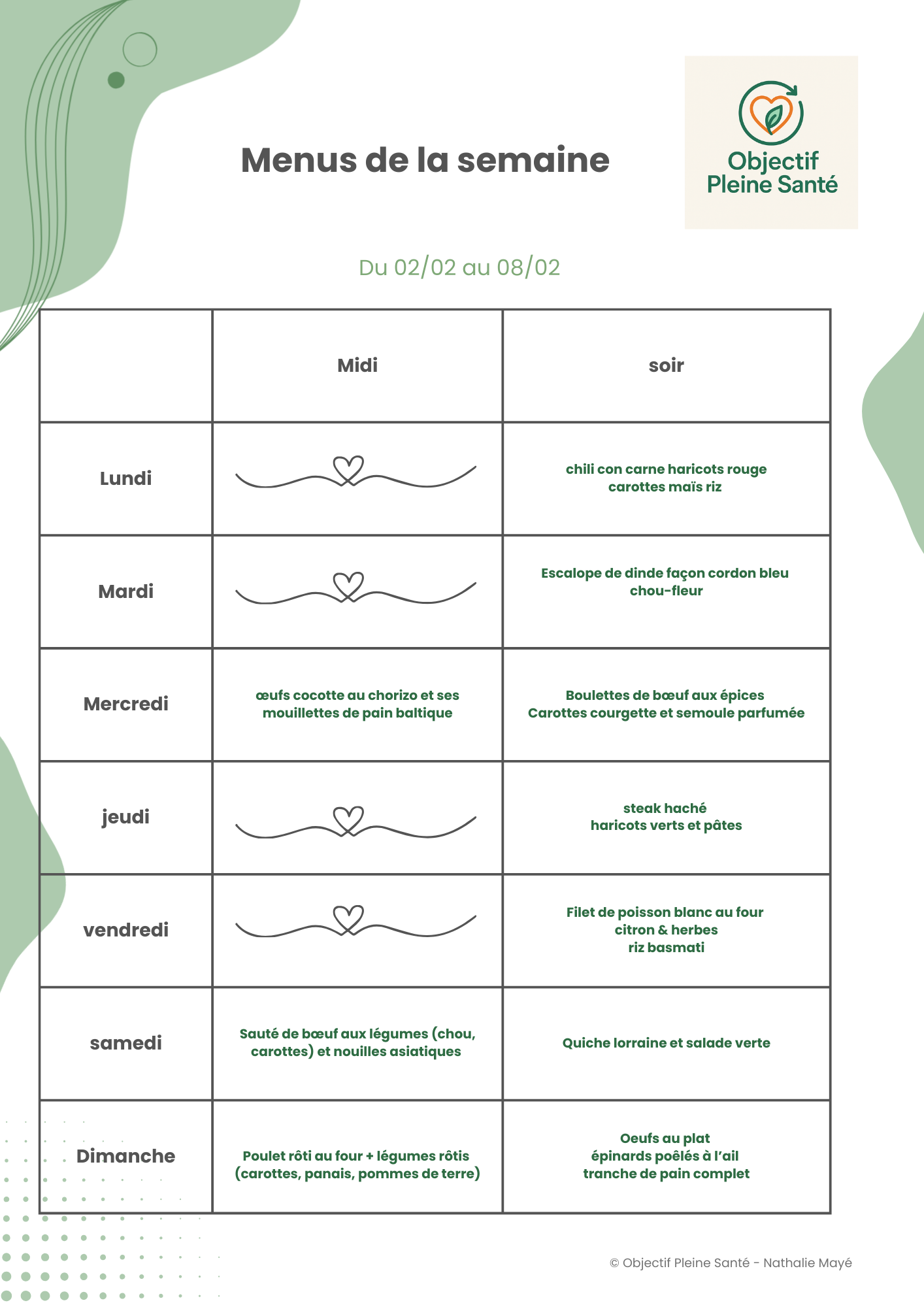 Menu hebdomadaire avec des plats principaux pour chaque jour de la semaine