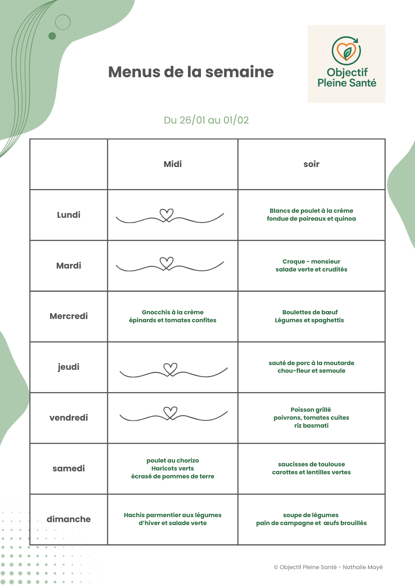 Un tableau de menus hebdomadaires avec plats pour le déjeuner et le dîner
