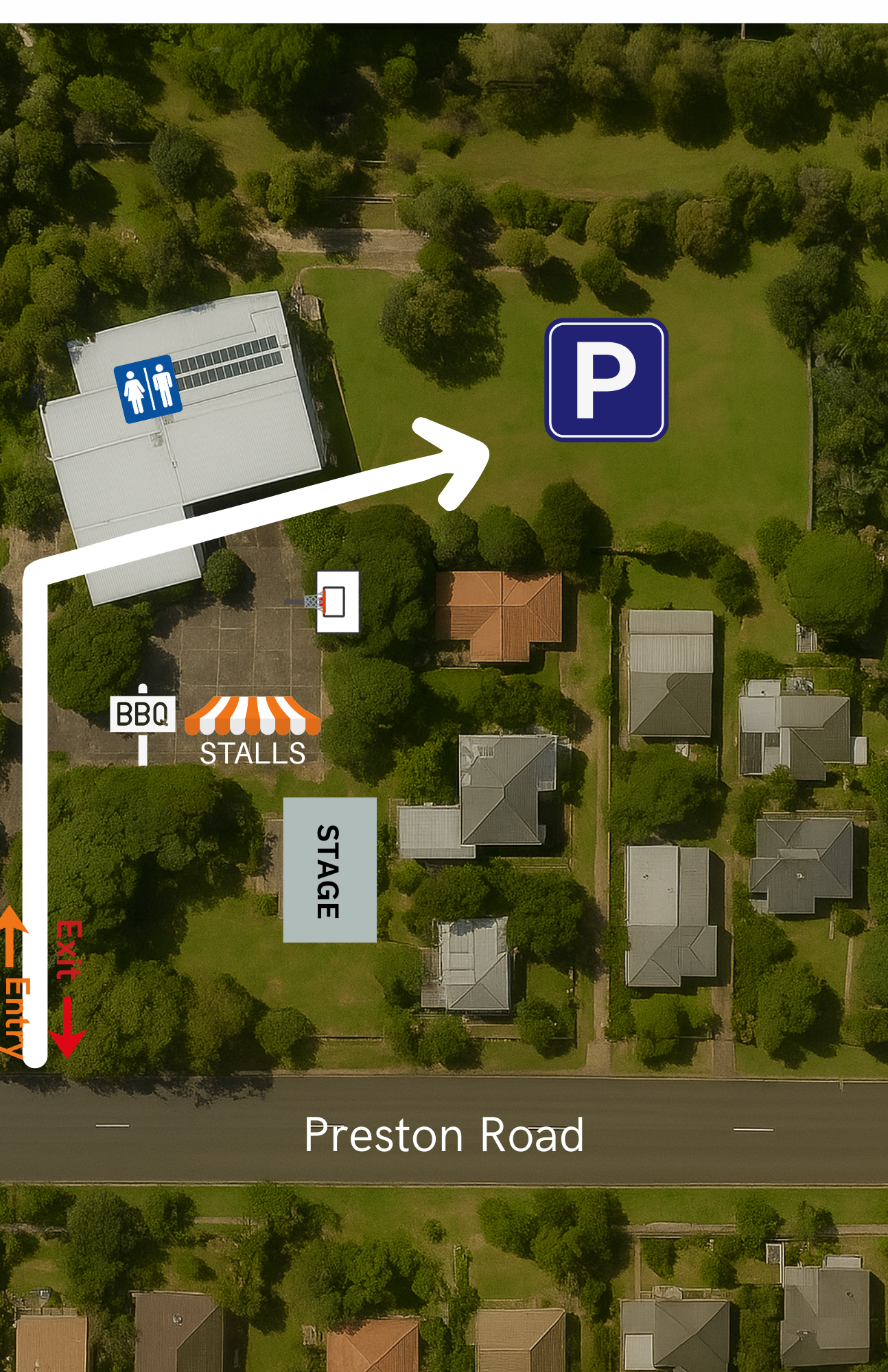 Aerial view map of an outdoor event area showing a parking lot, stage, stalls, BBQ area, restroom building, and surrounding houses along Preston Road with directional signs.