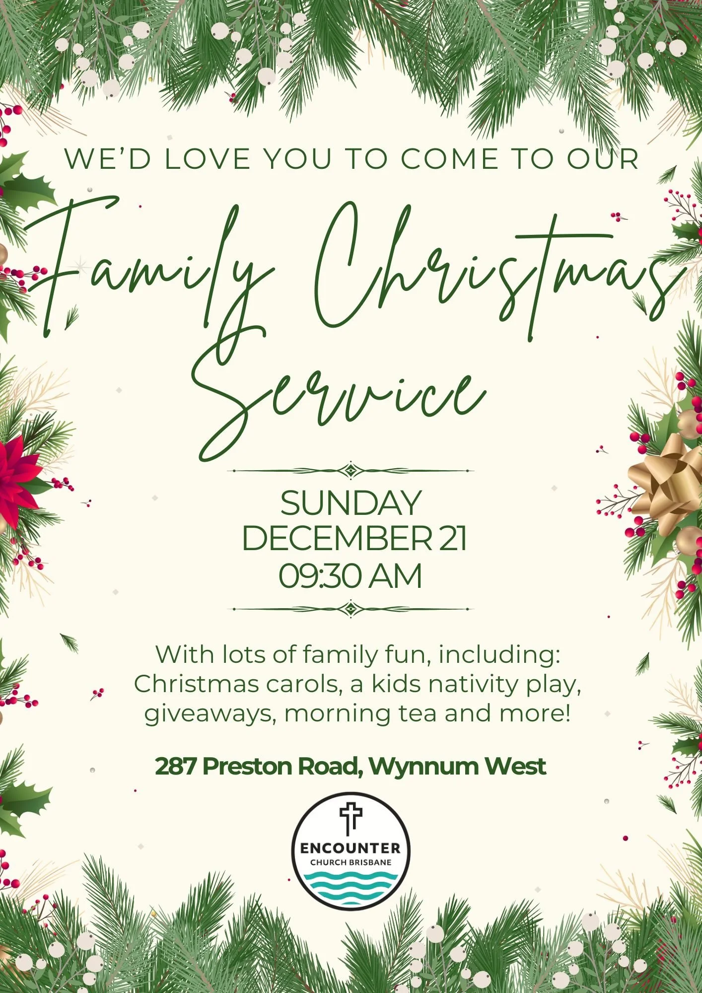 Invitation to a family Christmas service with festively decorated pine branches and ornaments at the borders, event details including date, time, location, and a church logo.
