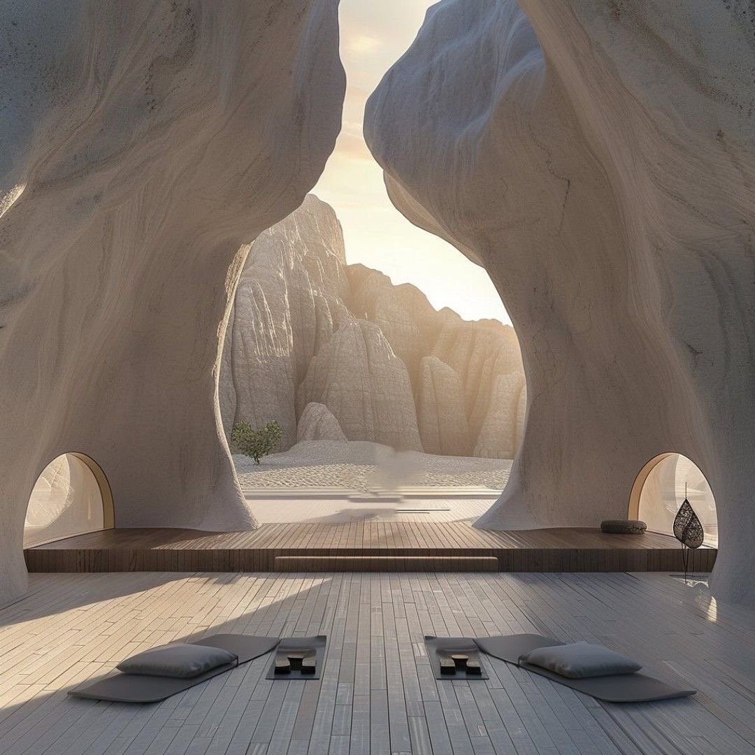 A modern, open space with organic, cave-like architecture, featuring large rock formations and archways, a wooden platform, surrounded by a desert landscape at sunset.