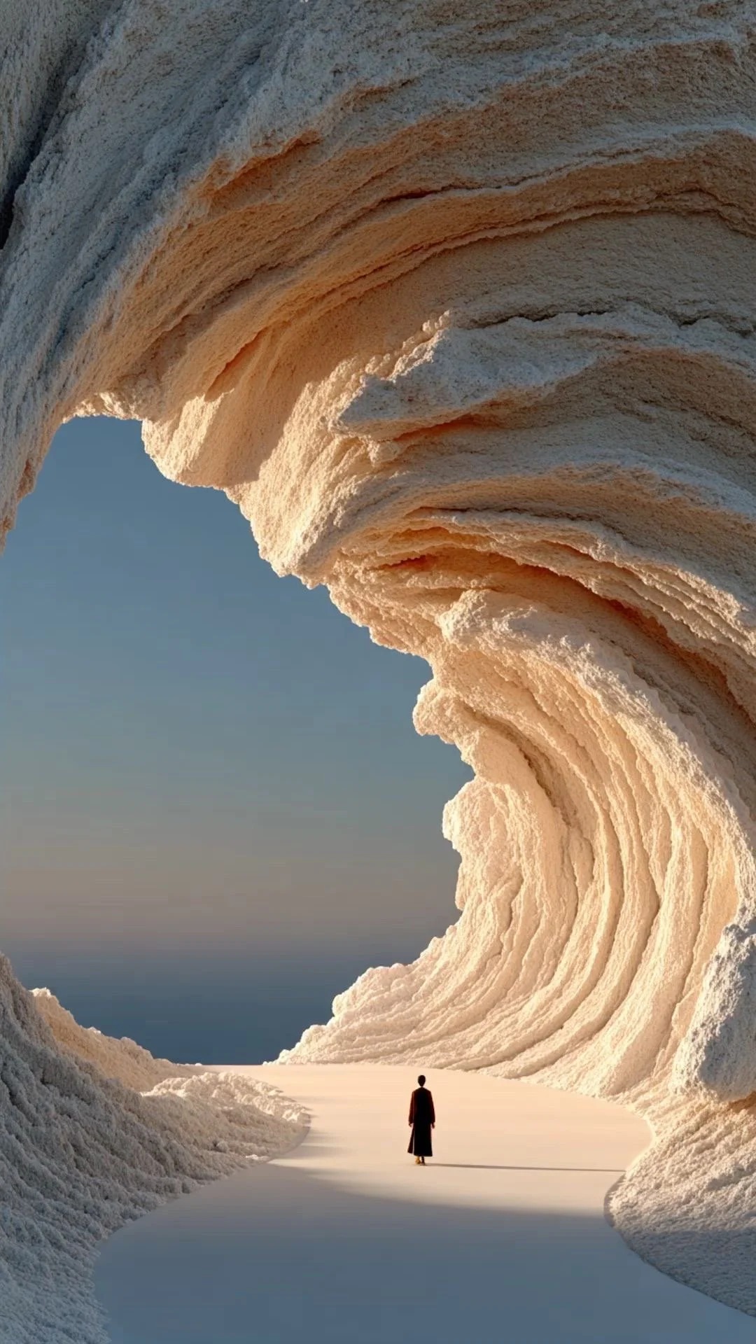 A person walking through a tunnel of tall, layered salt formations with a distant view of the ocean and sky.