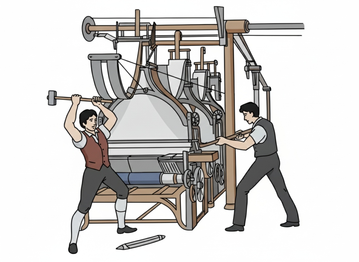 Two men are destroying a machine they believe is taking away their jobs.