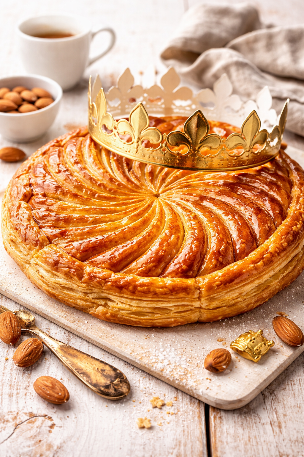 A French galette des rois cake topped with a gold crown, surrounded by almonds, a spoon, a cup of tea, and a bowl of almonds on a rustic white wooden surface.