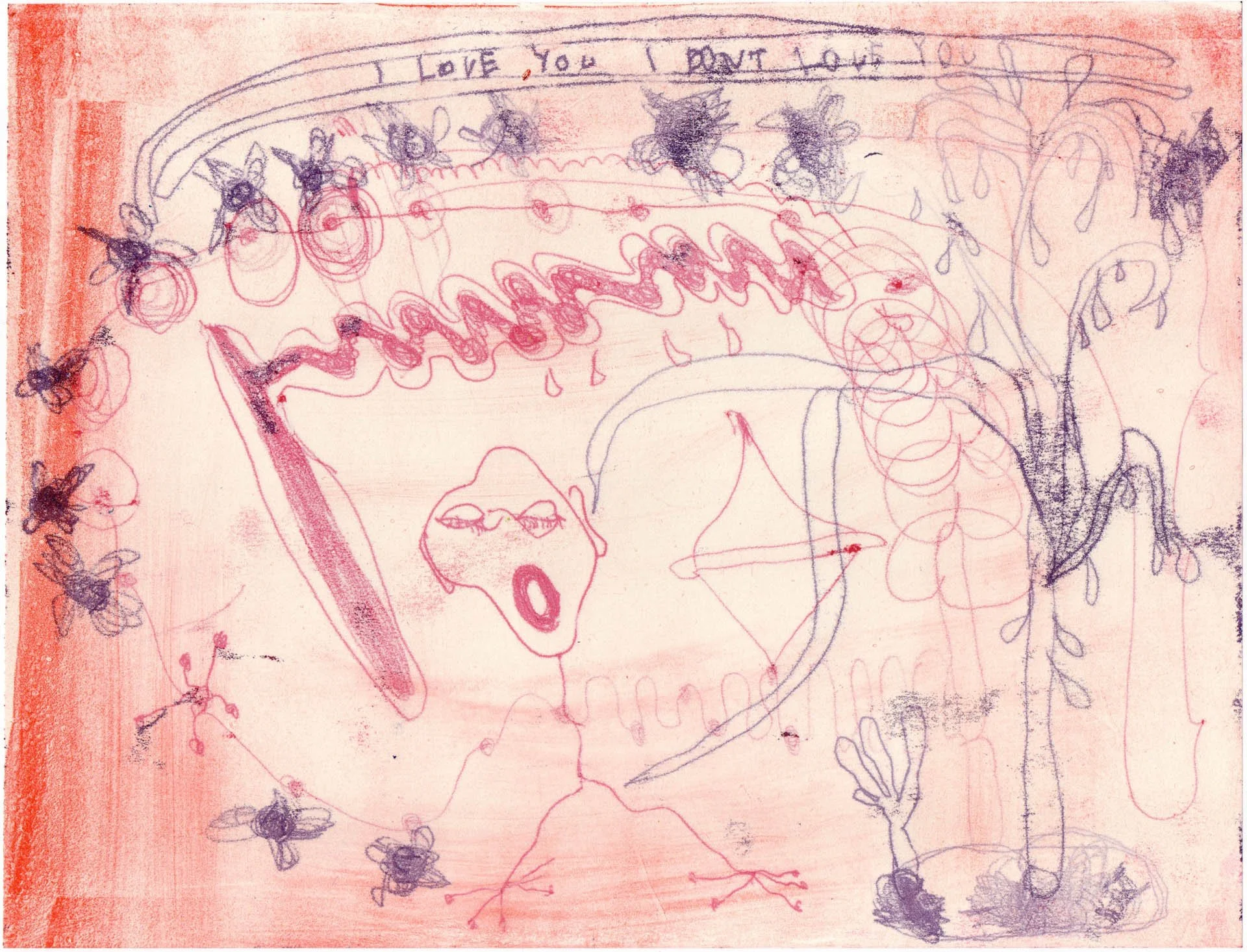 Colorful child's drawing with flowers, bees, a face with open mouth, a bow and arrow, and words 'I LOVE YOU' written at the top.