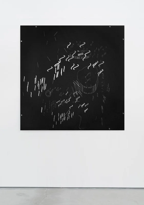 Abstract black and white artwork featuring swirling lines and circular shapes, displayed on a white gallery wall.