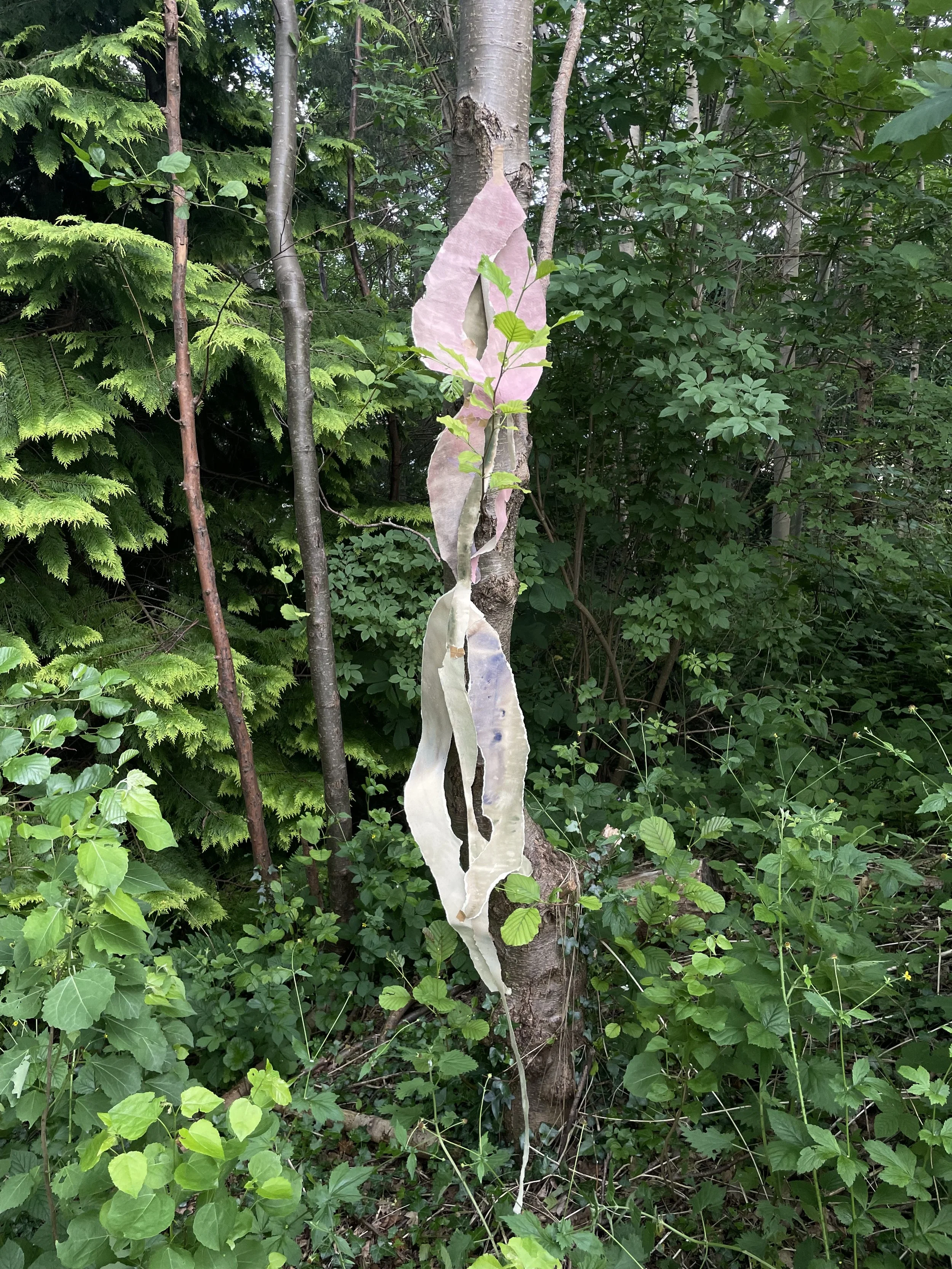 Colorful abstract fabric or paper art piece hanging vertically from a tree branch among green foliage in a forest setting.