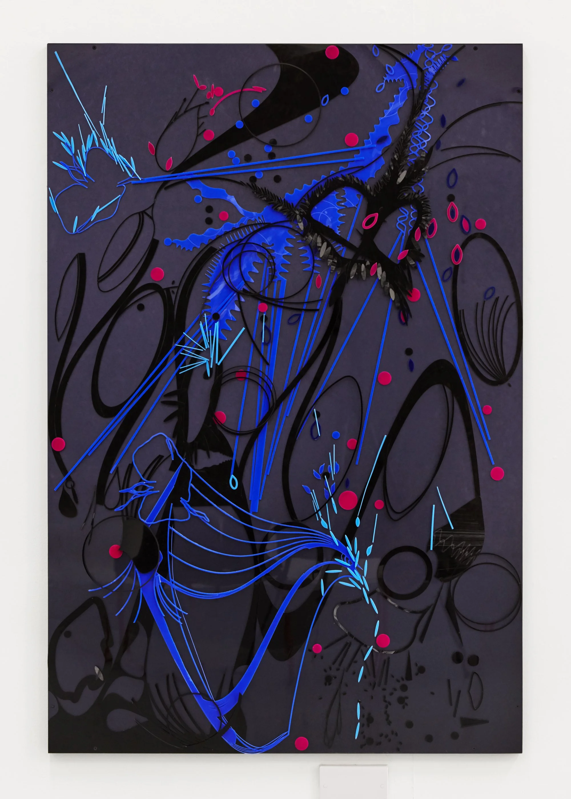 Abstract modern art piece with black, blue, pink, and red lines and shapes on a dark background.