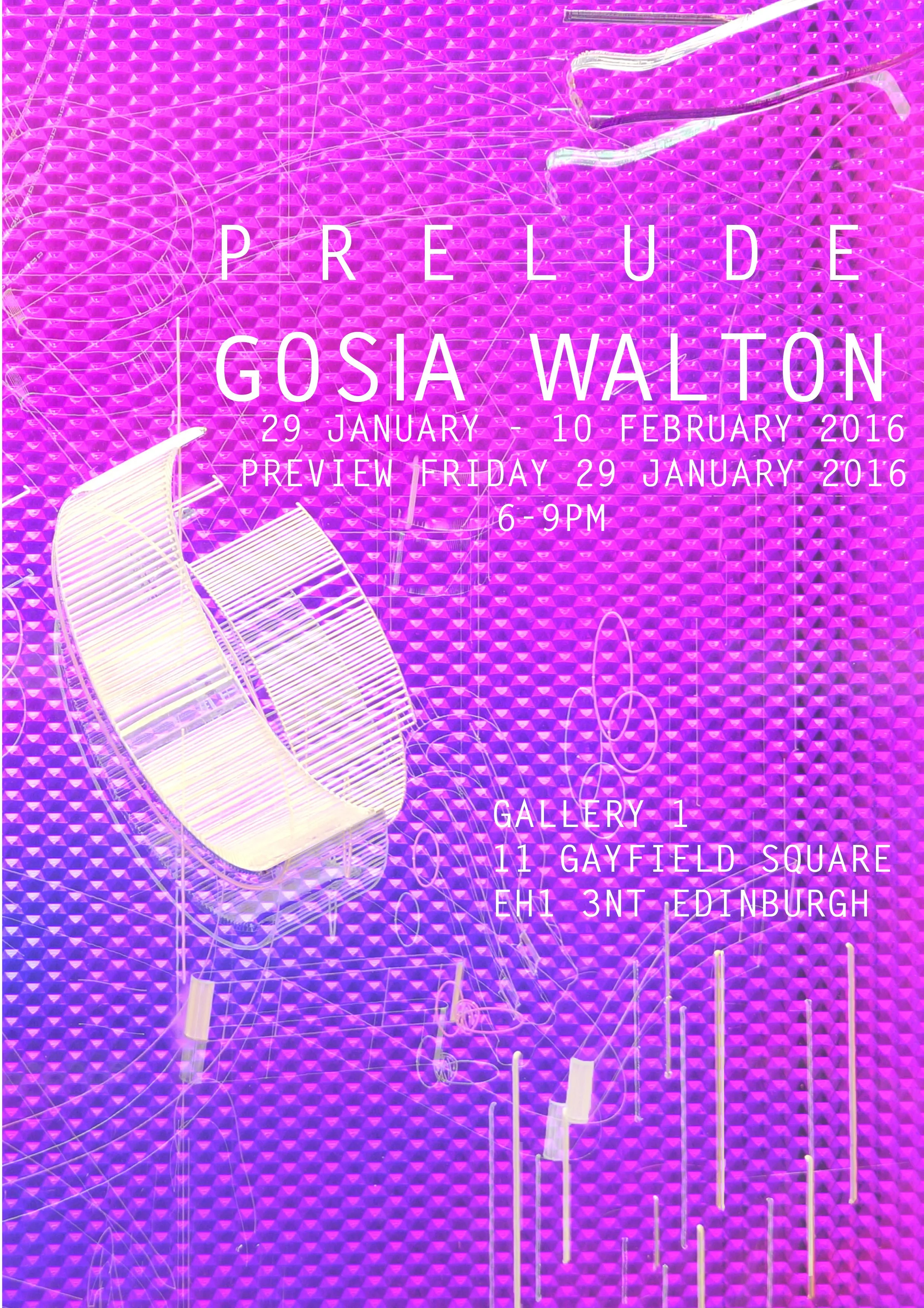 Event poster with a purple geometric background featuring wireframe chairs and lights, advertising an art exhibition by Gosia Walton from January 29 to February 10, 2016, including a preview on January 29, at Gallery 1, 11 Gayfield Square, Edinburgh.