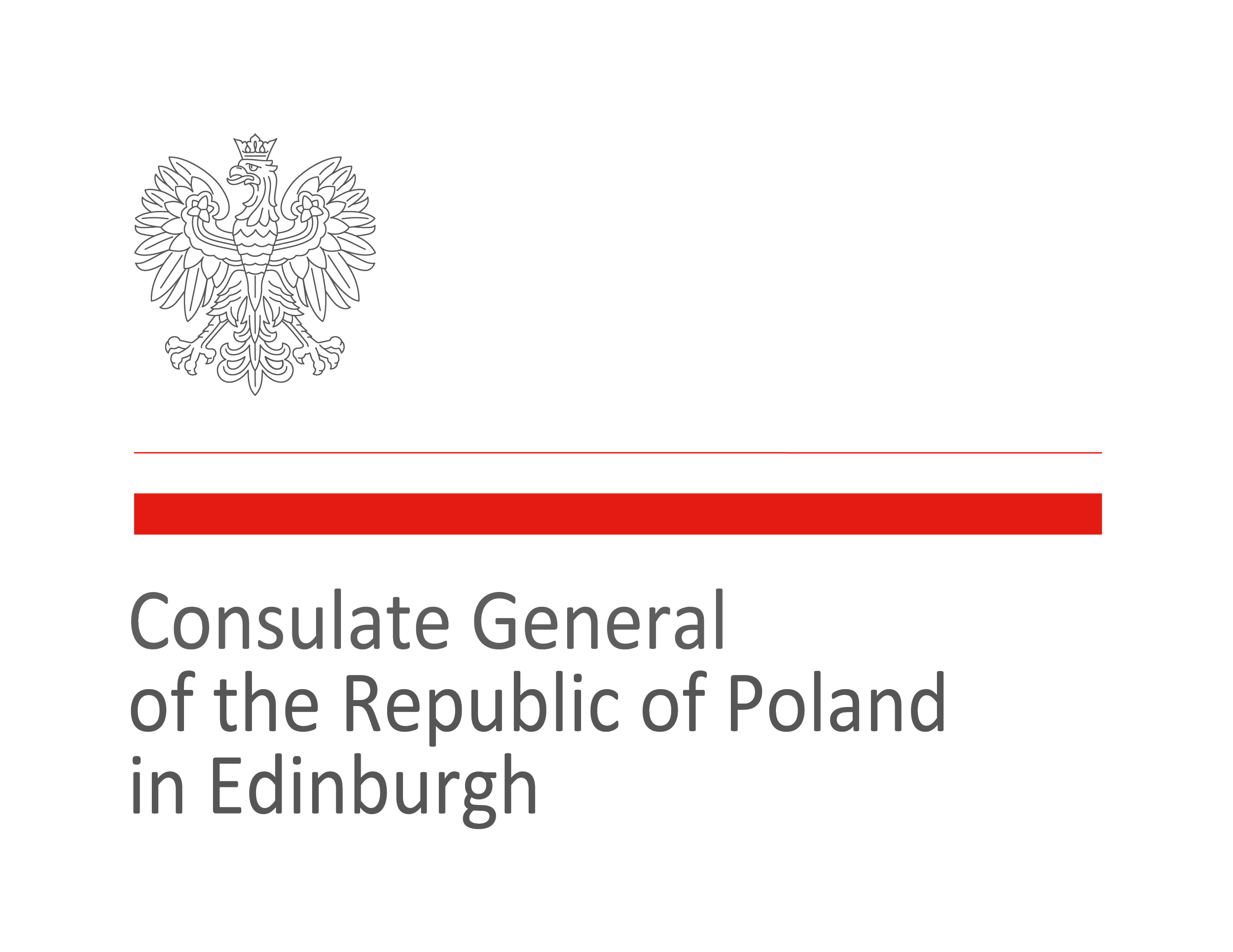 Official badge of the Consulate General of the Republic of Poland in Edinburgh, featuring a Polish eagle emblem and a red decorative stripe.
