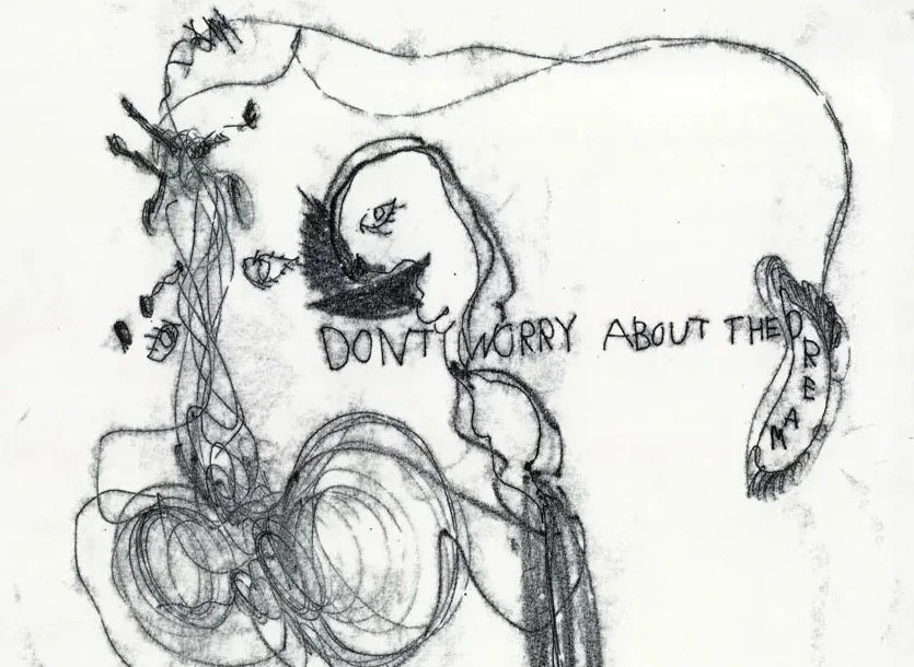 Hand-drawn sketch of a person's face with text saying 'Don't worry about the pre' and some decorative and abstract lines.