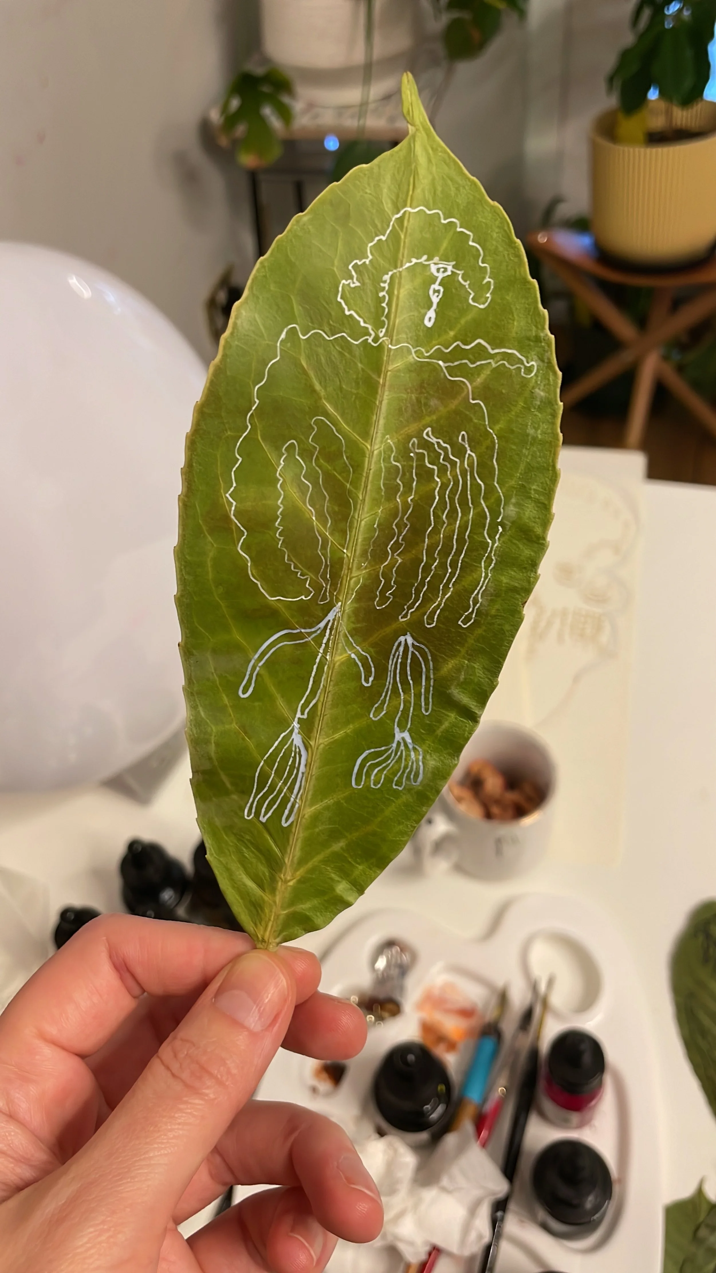 A green leaf with a white line drawing of a person hiking with a backpack, hat, and walking stick.