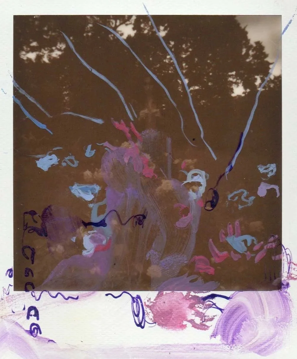 Reflection of trees and sky with artistic scribbles and marks on the surface of a photograph or mirror.