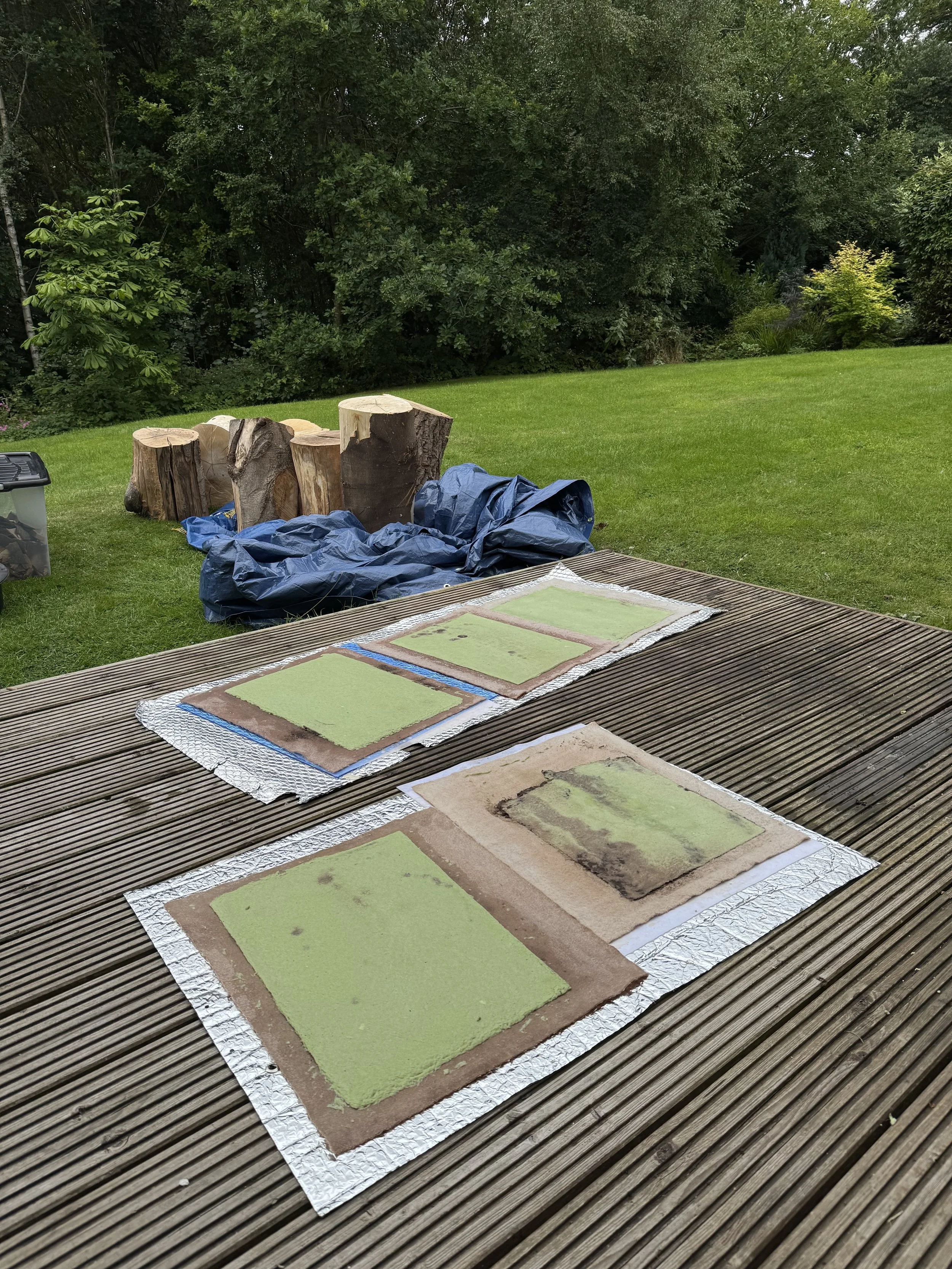 Several rectangular patches of turf or grass placed on a wooden deck, with some patches showing signs of being prepared for planting or reseeding, outdoors with a grassy backyard and trees in the background.