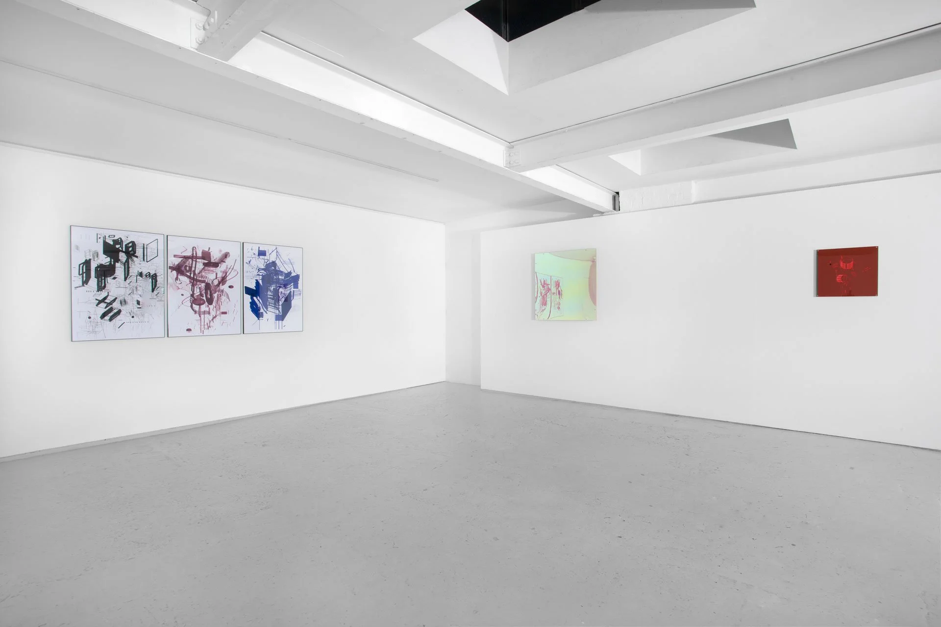 Contemporary art gallery with white walls and floor, showcasing abstract paintings. Three paintings with a mix of pink, purple, and blue are on the left wall. Two smaller artworks, one with pastel colors and the other with dark red, are on the right 