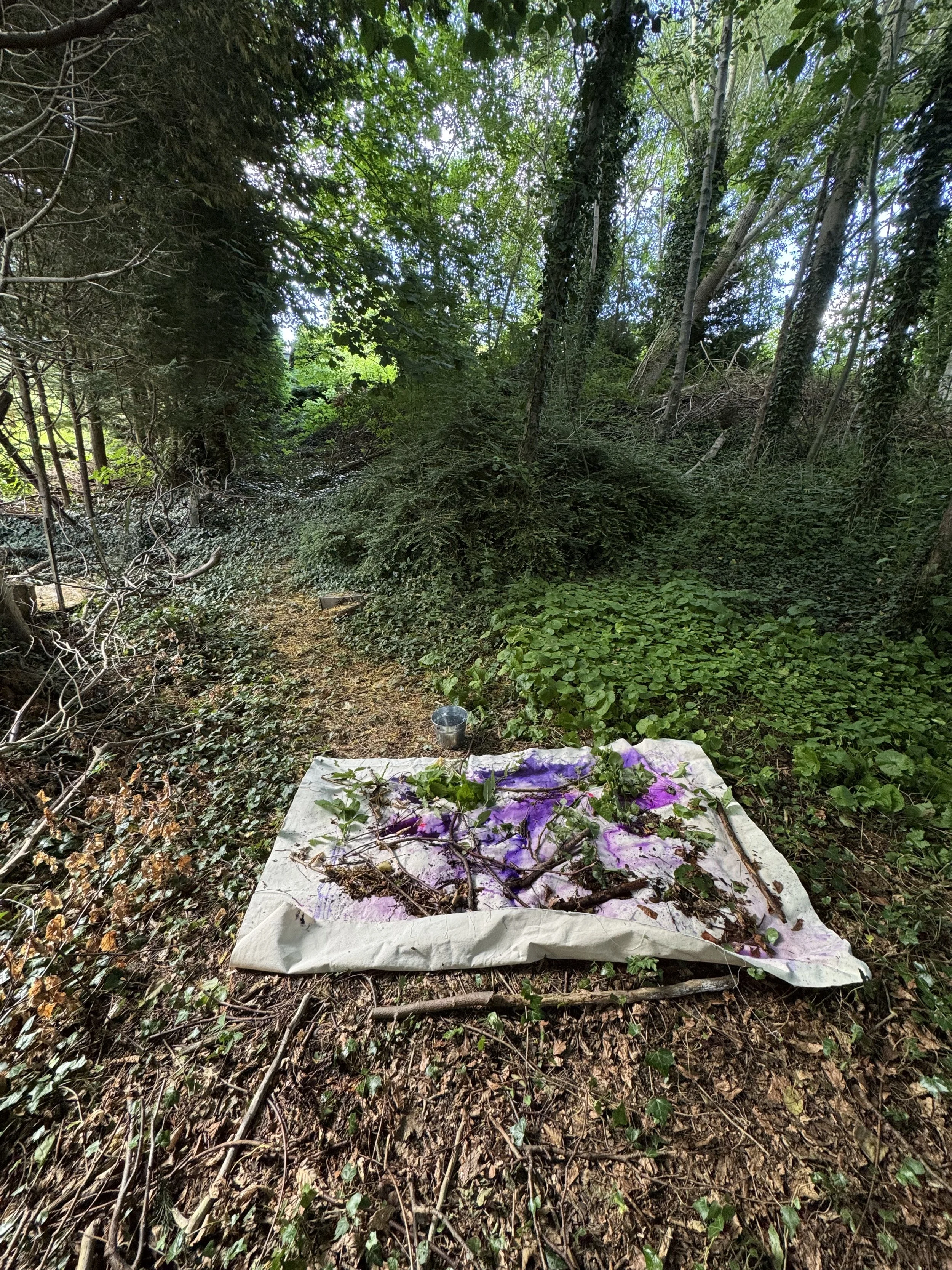A makeshift altar on a white cloth in a wooded area, with branches, leaves, and purple flower petals, and a small cup nearby.