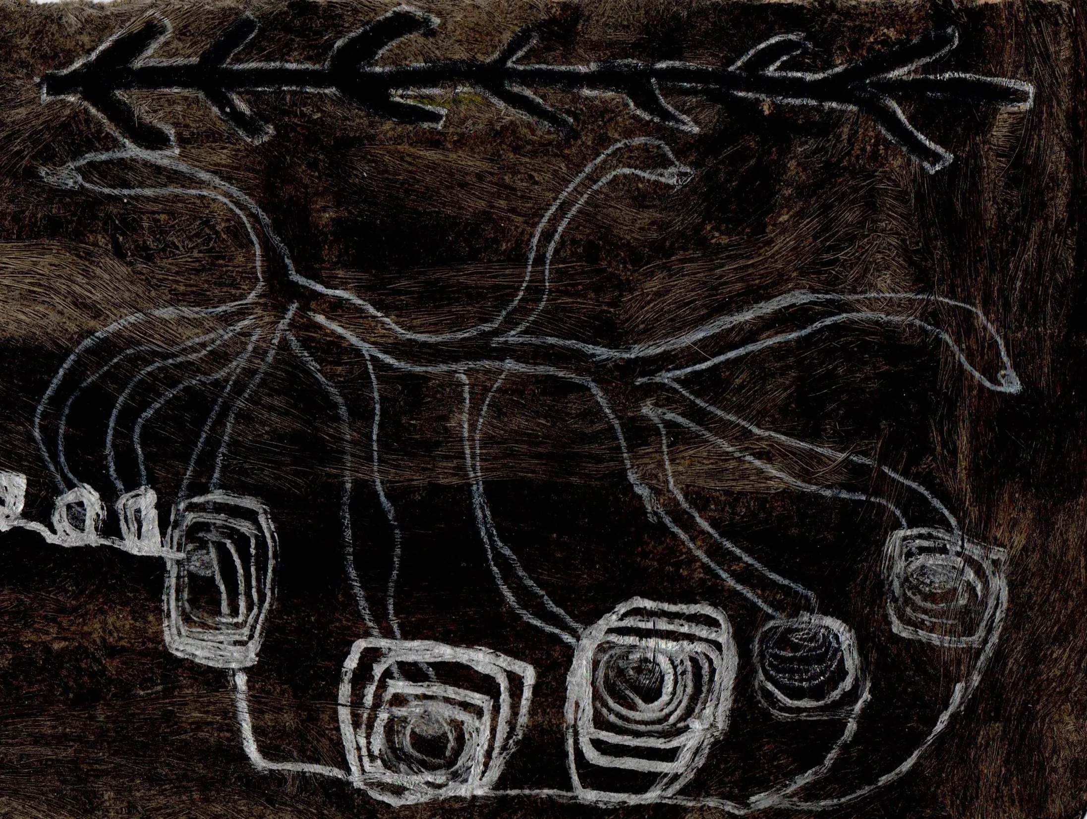 Chalk drawing of a fox on a dark wooden surface with a background of wood grain.