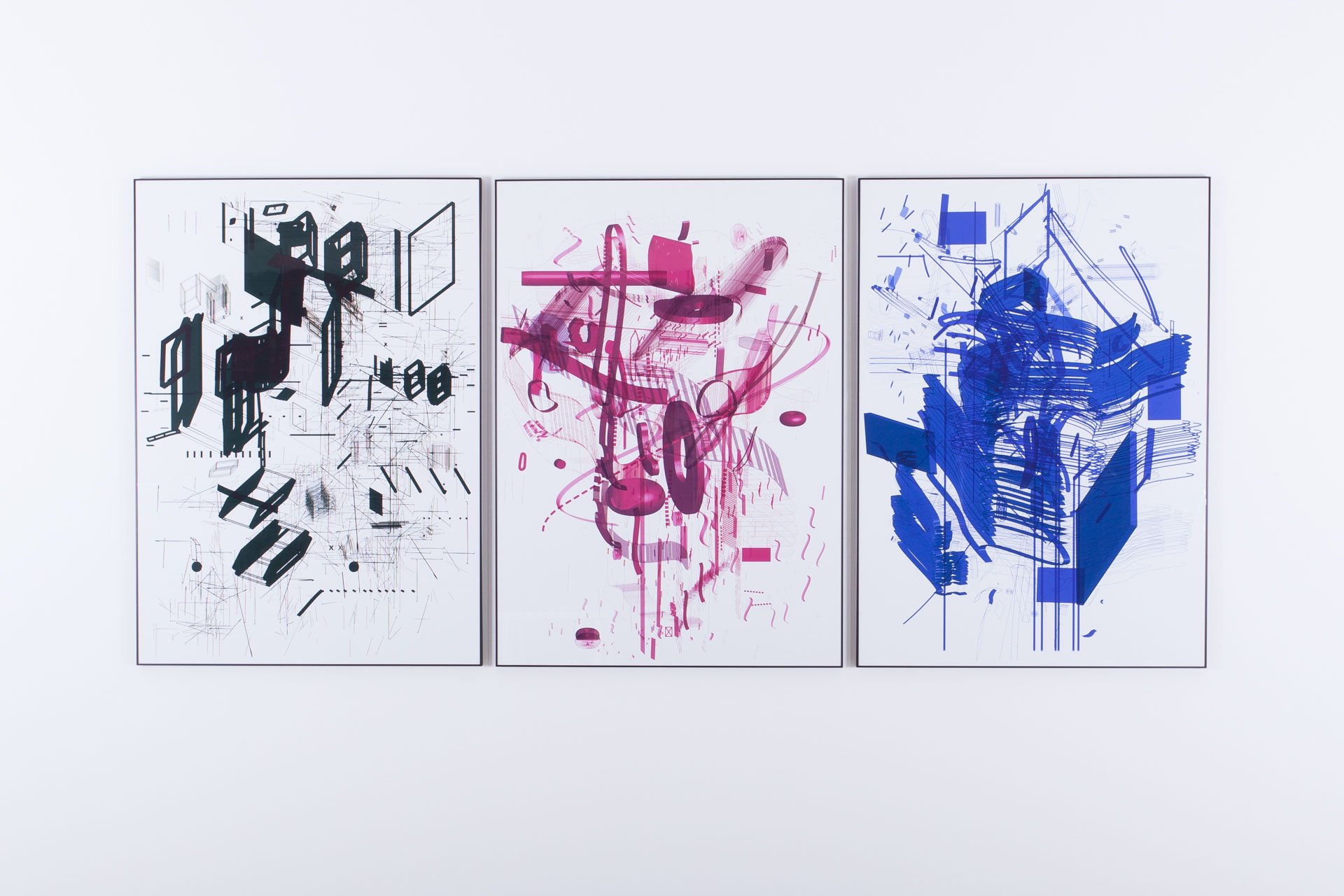Three abstract paintings with geometric and splattered shapes, in black, pink, and blue, displayed side by side on a white wall.