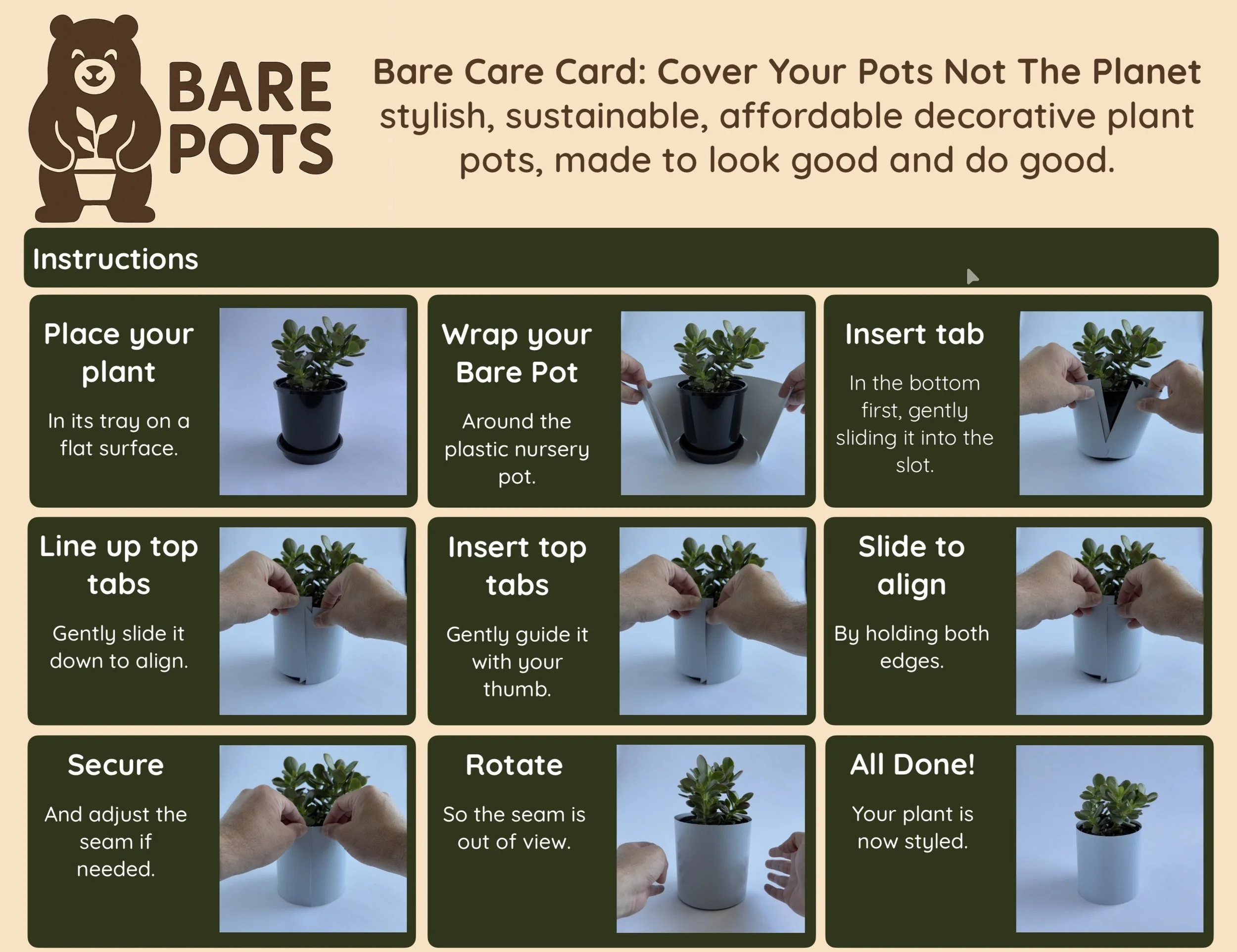 Instructional infographic for covering potted plants with decorative pots, showing Nine steps with images and text, including placing the plant, wrapping a Bare Pot, inserting tabs, aligning, securing, rotating, and final styling.