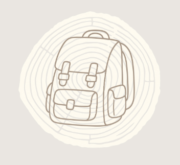 Line drawing of a backpack with multiple pockets, straps, and buckles.