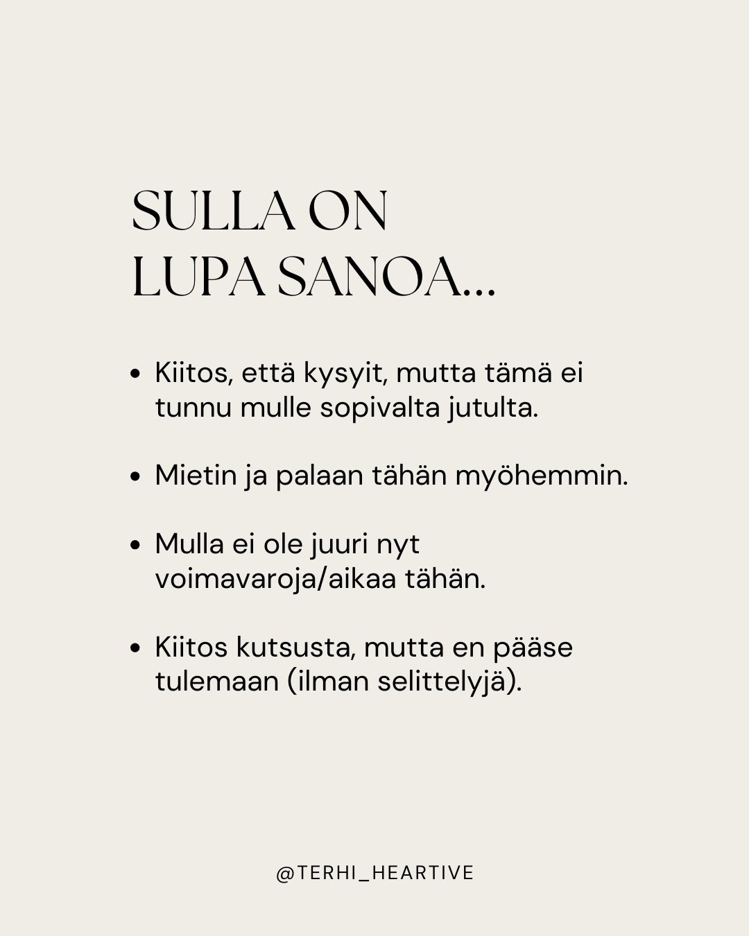 Sulla on lupa vet&auml;&auml; rajat sille, miten ja mihin aikaasi k&auml;yt&auml;t 🤎

Monen arki on nykyp&auml;iv&auml;n&auml; aika t&auml;ytel&auml;ist&auml; ja meit&auml; vedet&auml;&auml;n moneen suuntaan. Kaikkeen ei yksinkertaisesti pysty sanom