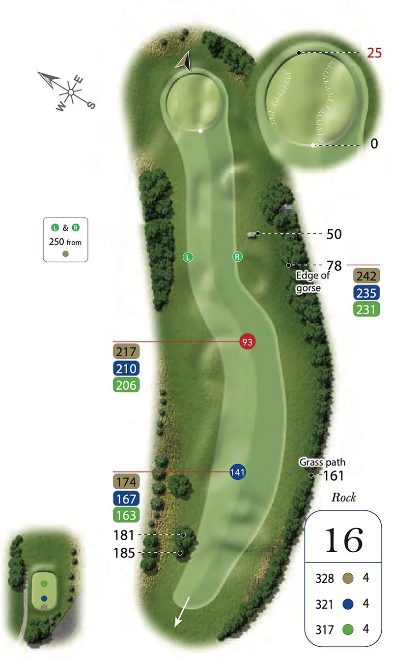 A detailed golf course hole map showing the fairway, green, tee boxes, distances, and landmarks like trees and a rock.