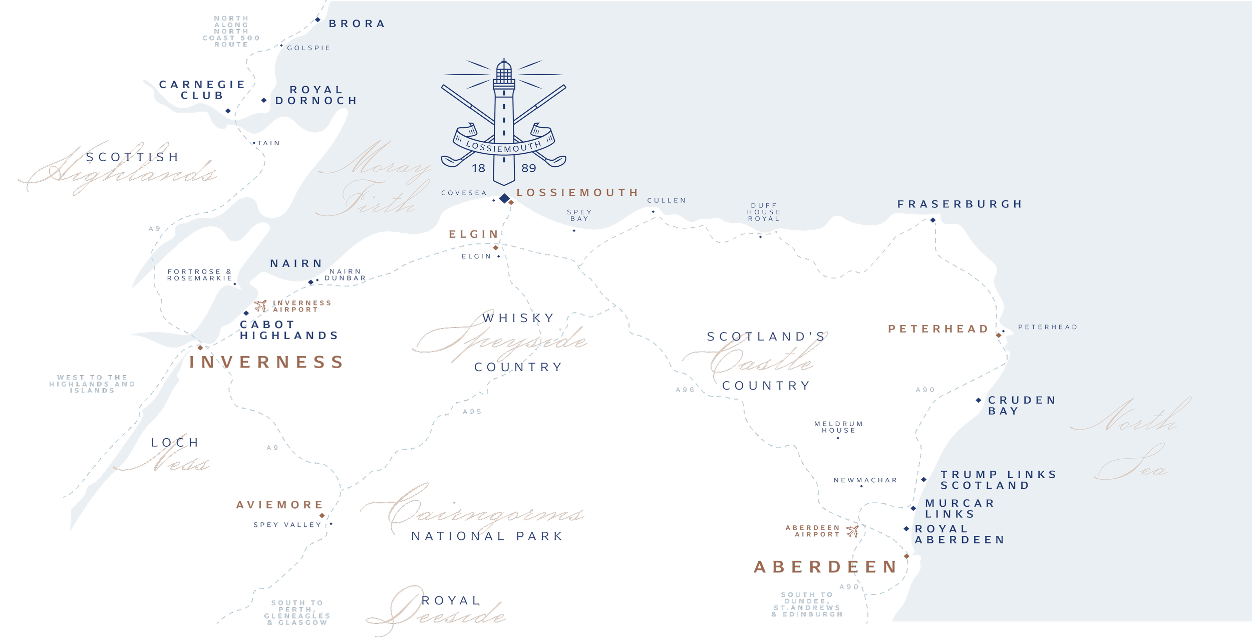 A stylized map of Aberdeen, Scotland, highlighting neighborhoods and landmarks such as Loch Ness, Aviemore, Inverness, and the North Sea. Key locations include Aberdeen Airport, Royal Deeside, and national parks, with decorative text and illustrations of a lighthouse and a coat of arms.