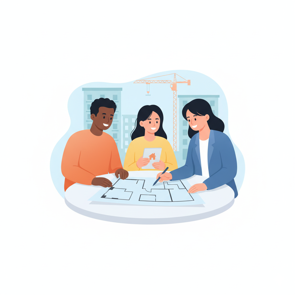 Three people at a table discussing a floor plan at a construction site with a crane and buildings in the background.